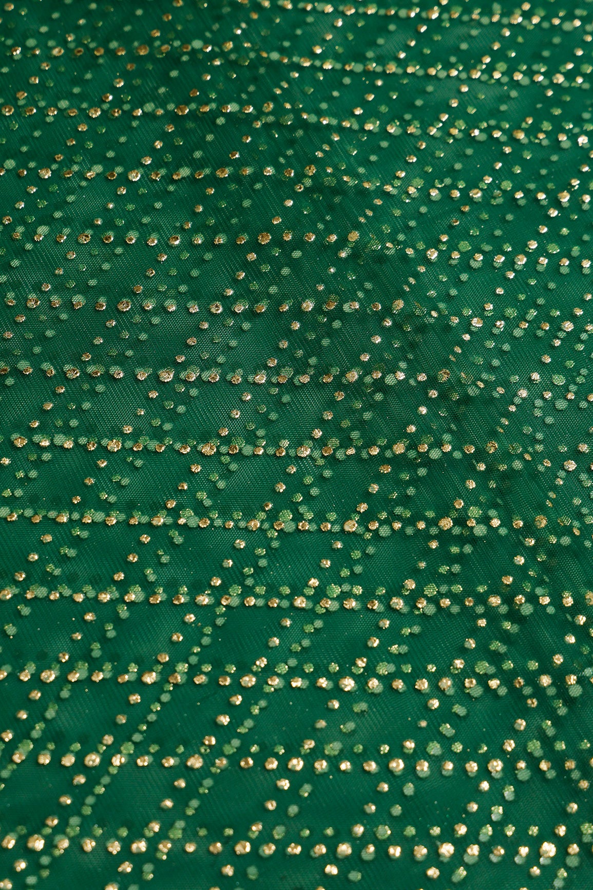 1 Meter Cut Piece Of Checks Pattern With Foil Print On Bottle Green Soft Net Fabric