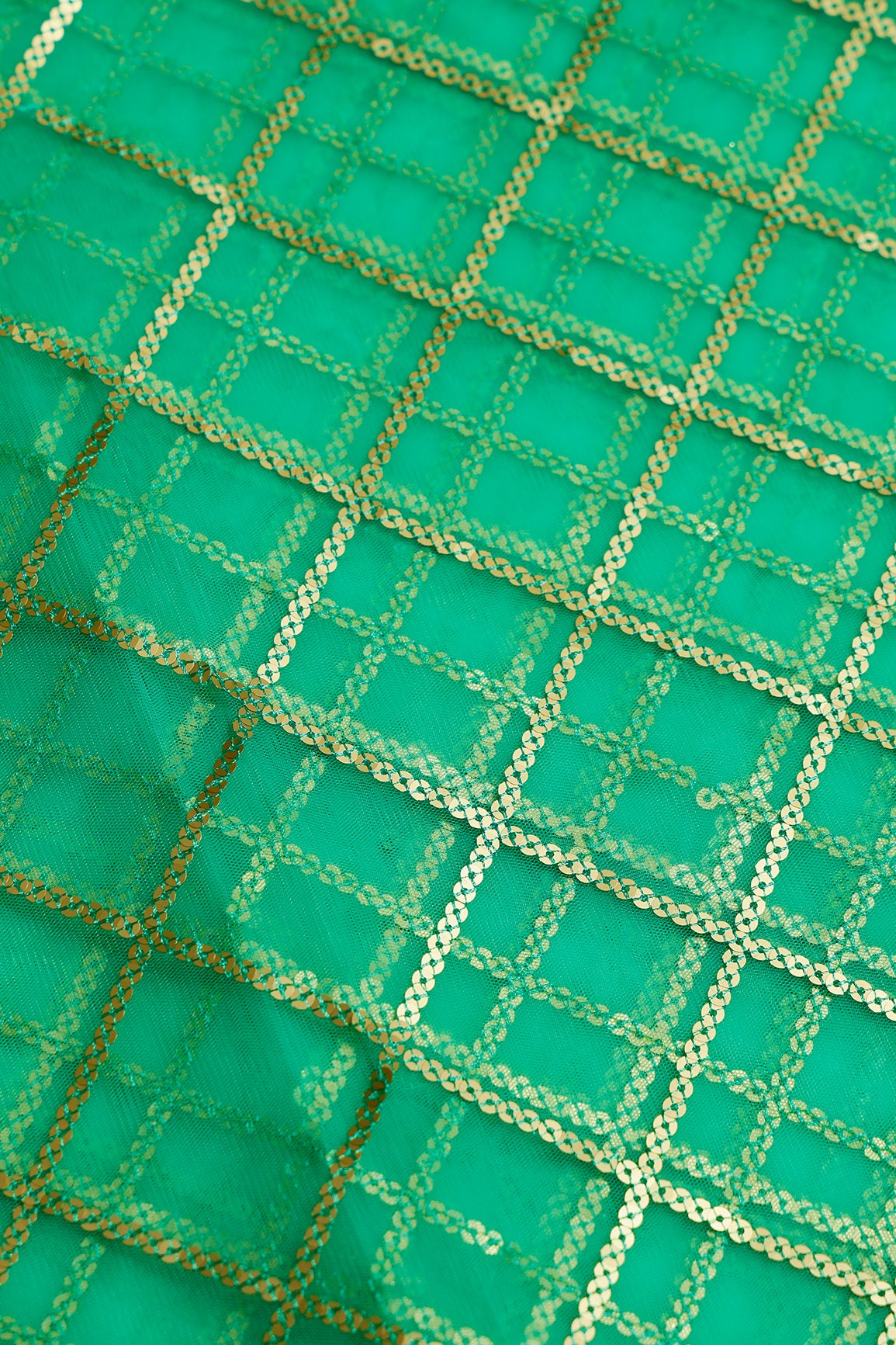 2 Meter Cut Piece Of Gold Sequins With Thread Checks Embroidery Work On Bright Sea Green Soft Net Fabric