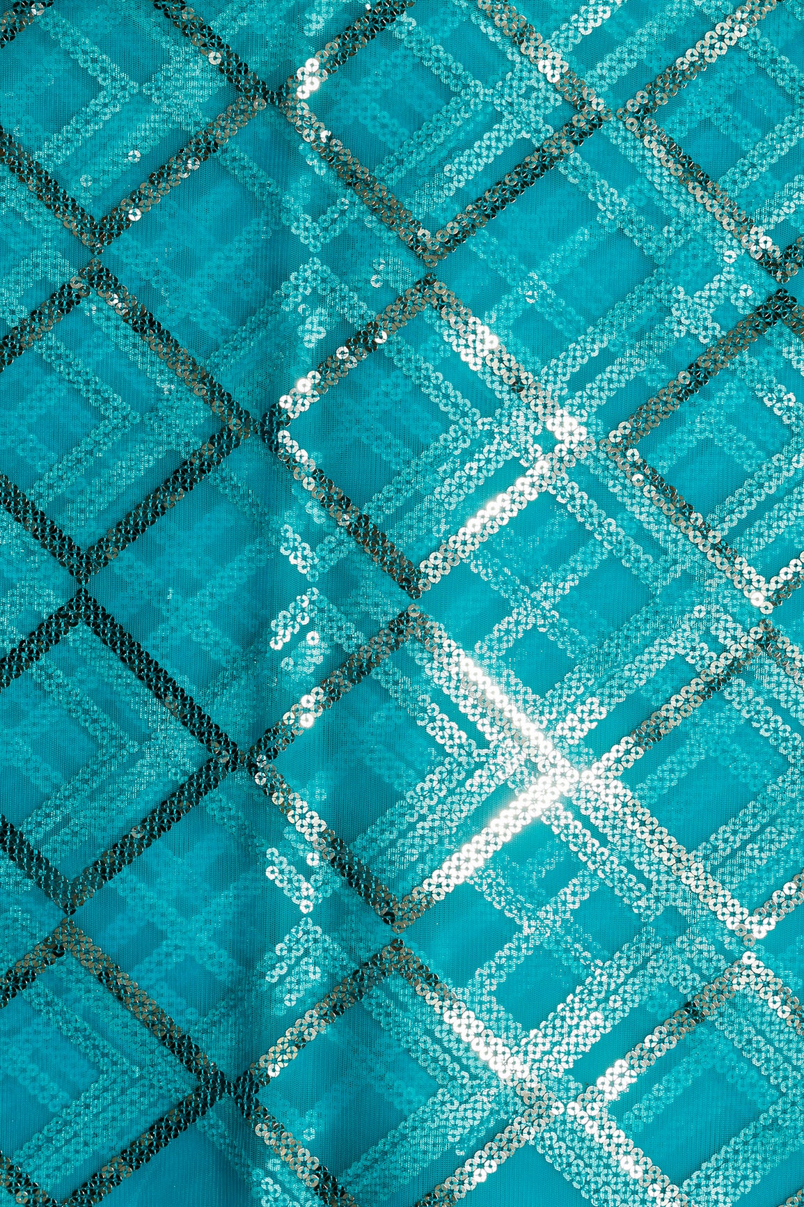 3.25 Meter Cut Piece Of Silver Sequins With Thread Checks Embroidery Work On Sky Blue Soft Net Fabric