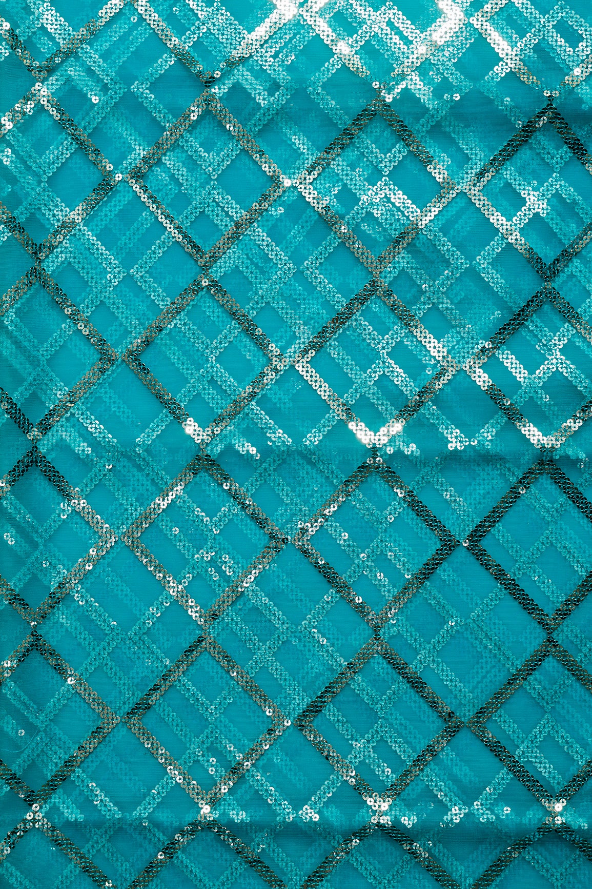 3.25 Meter Cut Piece Of Silver Sequins With Thread Checks Embroidery Work On Sky Blue Soft Net Fabric