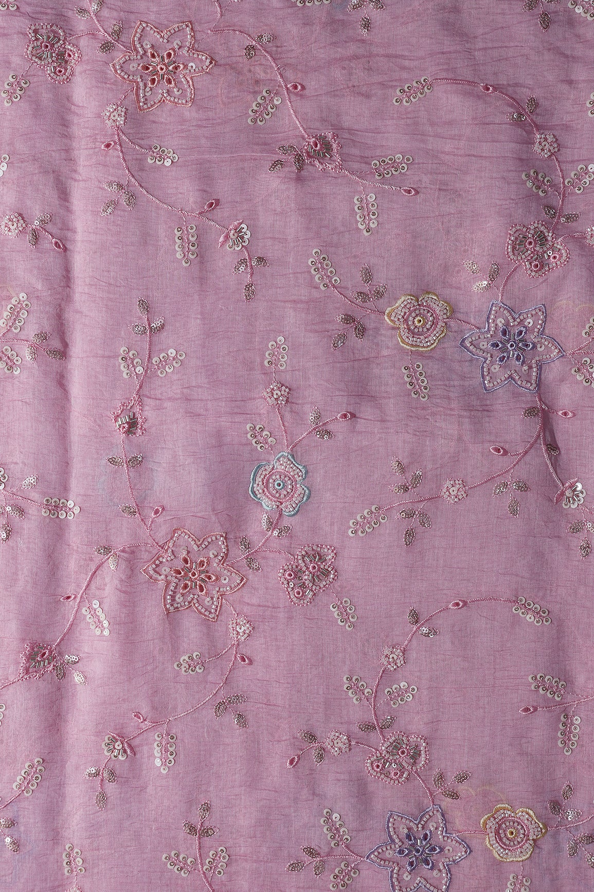 Multi Thread & Beads With Silver Sequins Beautiful Floral Leafy Embroidery Work On Pink Pure Mul Chanderi Silk Fabric