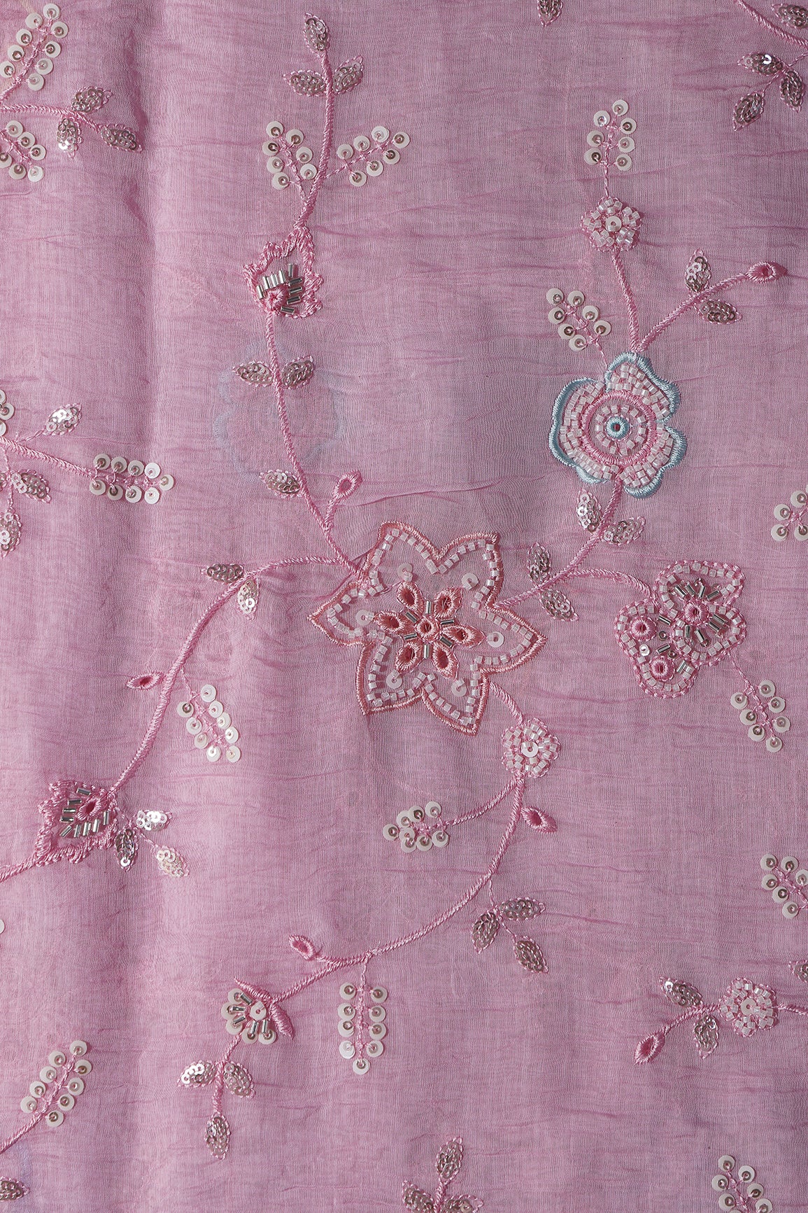 Multi Thread & Beads With Silver Sequins Beautiful Floral Leafy Embroidery Work On Pink Pure Mul Chanderi Silk Fabric