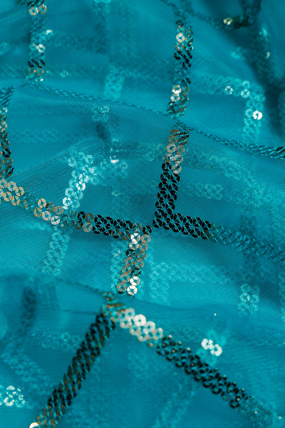 3.25 Meter Cut Piece Of Silver Sequins With Thread Checks Embroidery Work On Sky Blue Soft Net Fabric