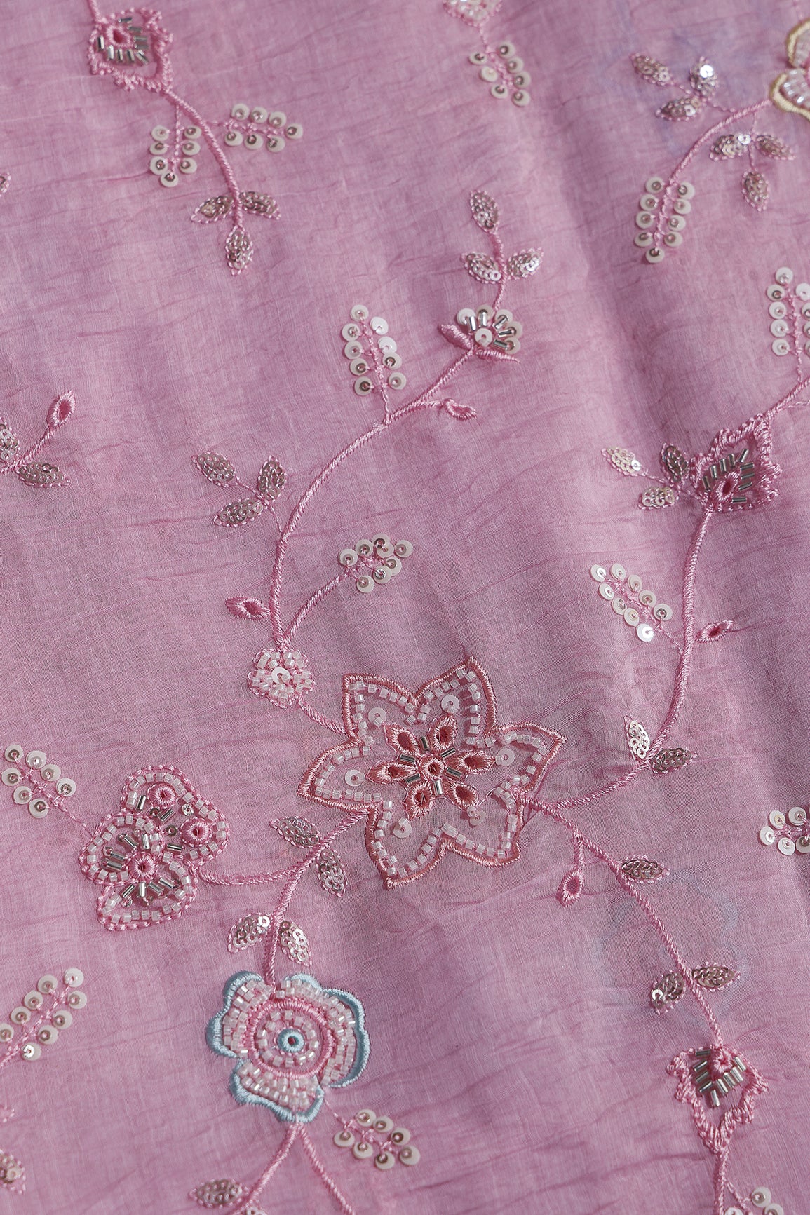 Multi Thread & Beads With Silver Sequins Beautiful Floral Leafy Embroidery Work On Pink Pure Mul Chanderi Silk Fabric