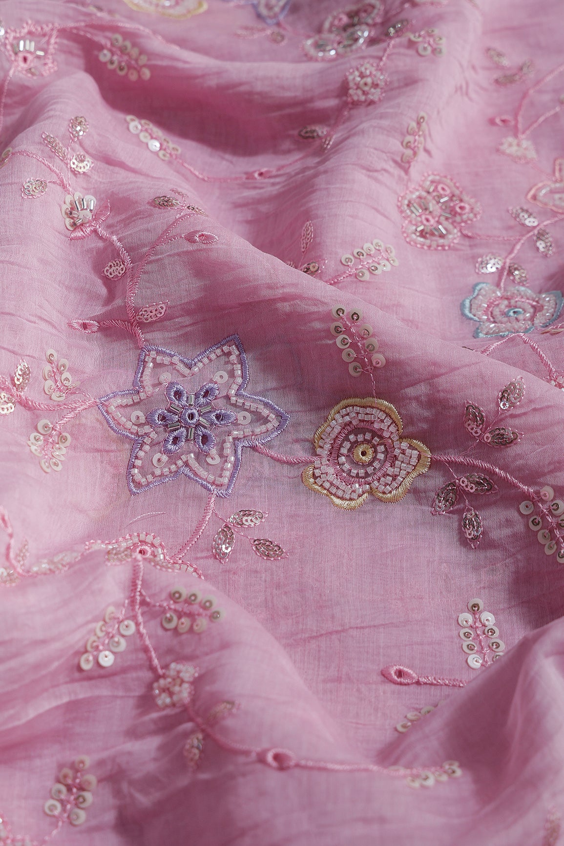 Multi Thread & Beads With Silver Sequins Beautiful Floral Leafy Embroidery Work On Pink Pure Mul Chanderi Silk Fabric