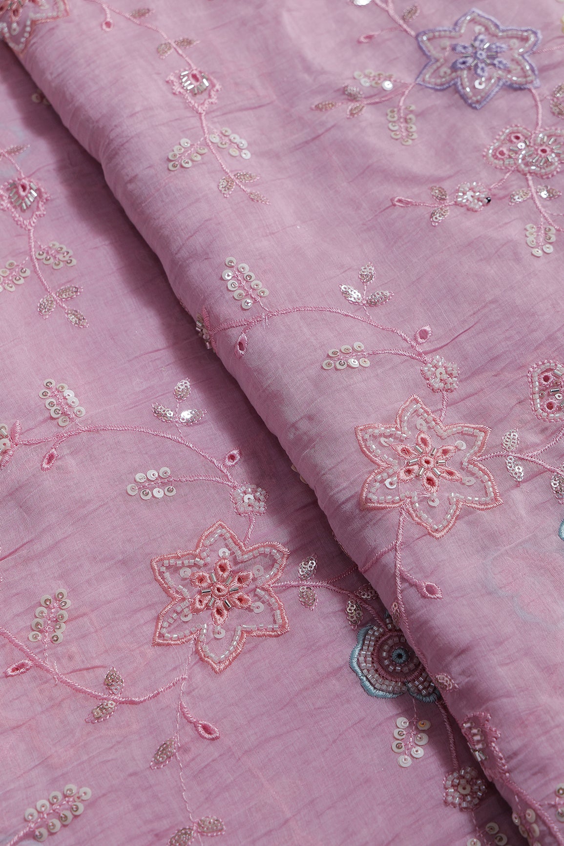 Multi Thread & Beads With Silver Sequins Beautiful Floral Leafy Embroidery Work On Pink Pure Mul Chanderi Silk Fabric