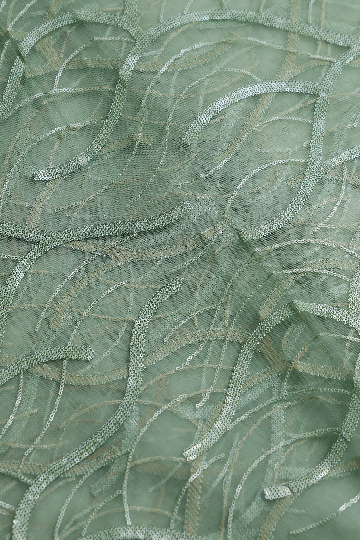 1.75 Meter Cut Piece Of Olive Thread With Sequins Abstract Embroidery Work On Olive Soft Net Fabric