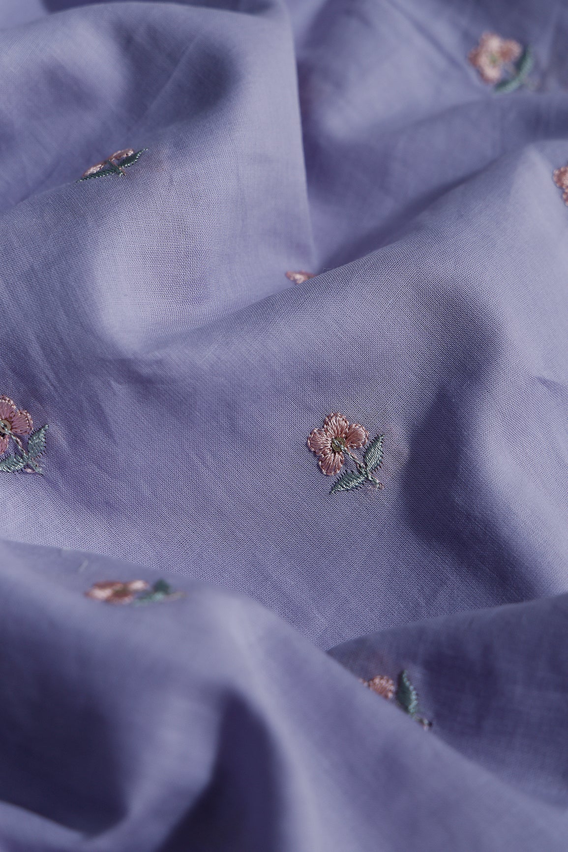 Peach & Olive Thread Small Floral Embroidery Work On Pastel Lilac Pure Mul Cotton Fabric
