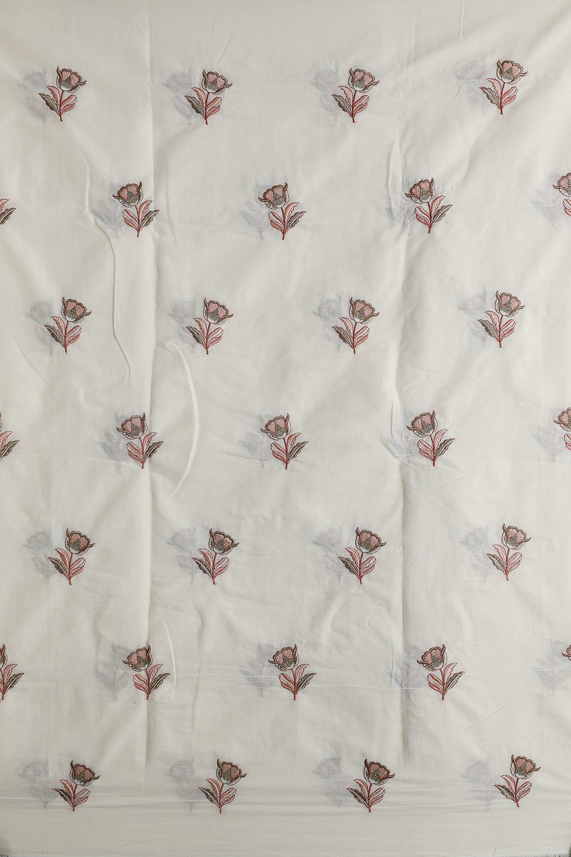 Rust And Olive Thread Beautiful Floral Embroidery Work On Off White Organic Cotton Fabric