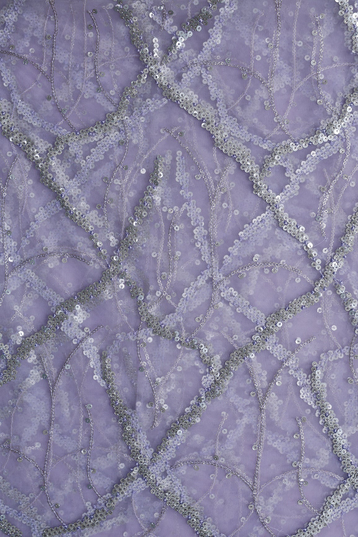 2.50 Meter Cut Piece Of Silver Sequins Geometric Embroidery On Lavender Soft Net Fabric