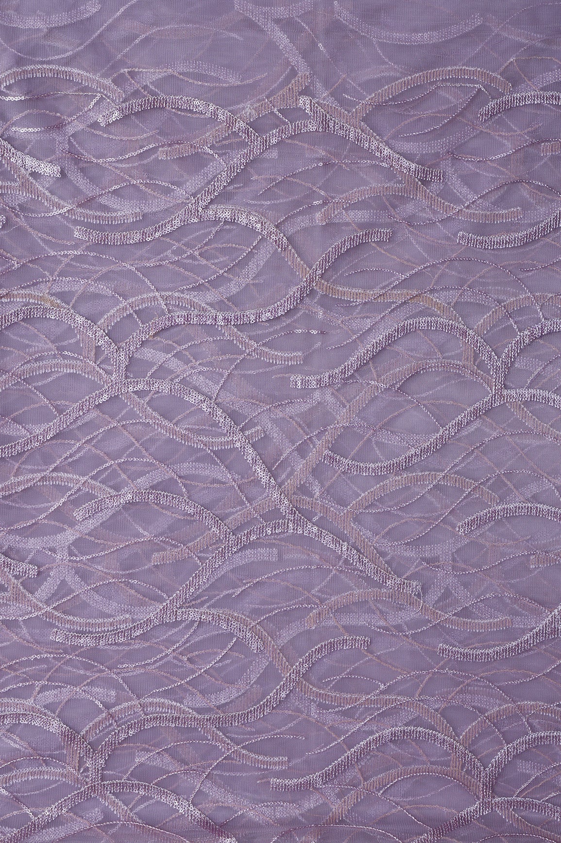 2.25 Meter Cut Piece Of Lavender Thread With Sequins Abstract Embroidery Work On Lavender Soft Net Fabric