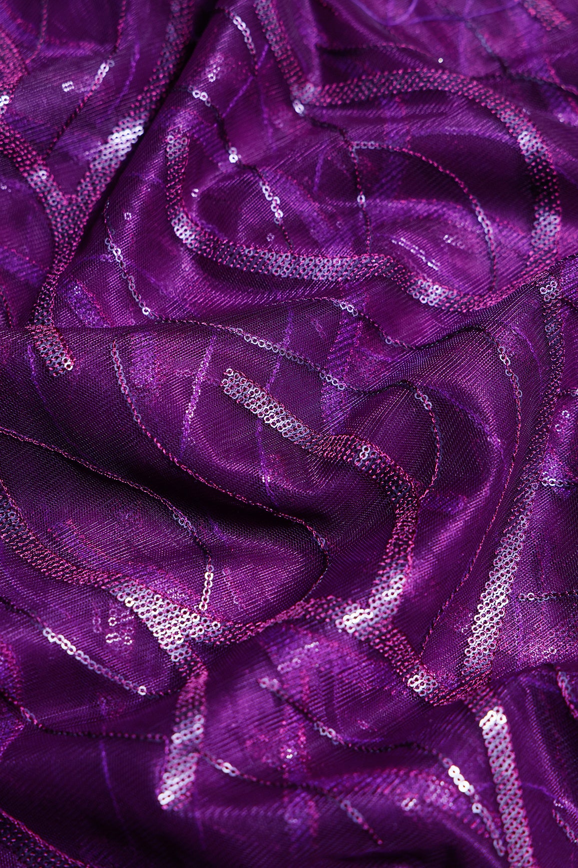 3 Meter Cut Piece Of Wine Thread With Sequins Abstract Embroidery Work On Wine Soft Net Fabric