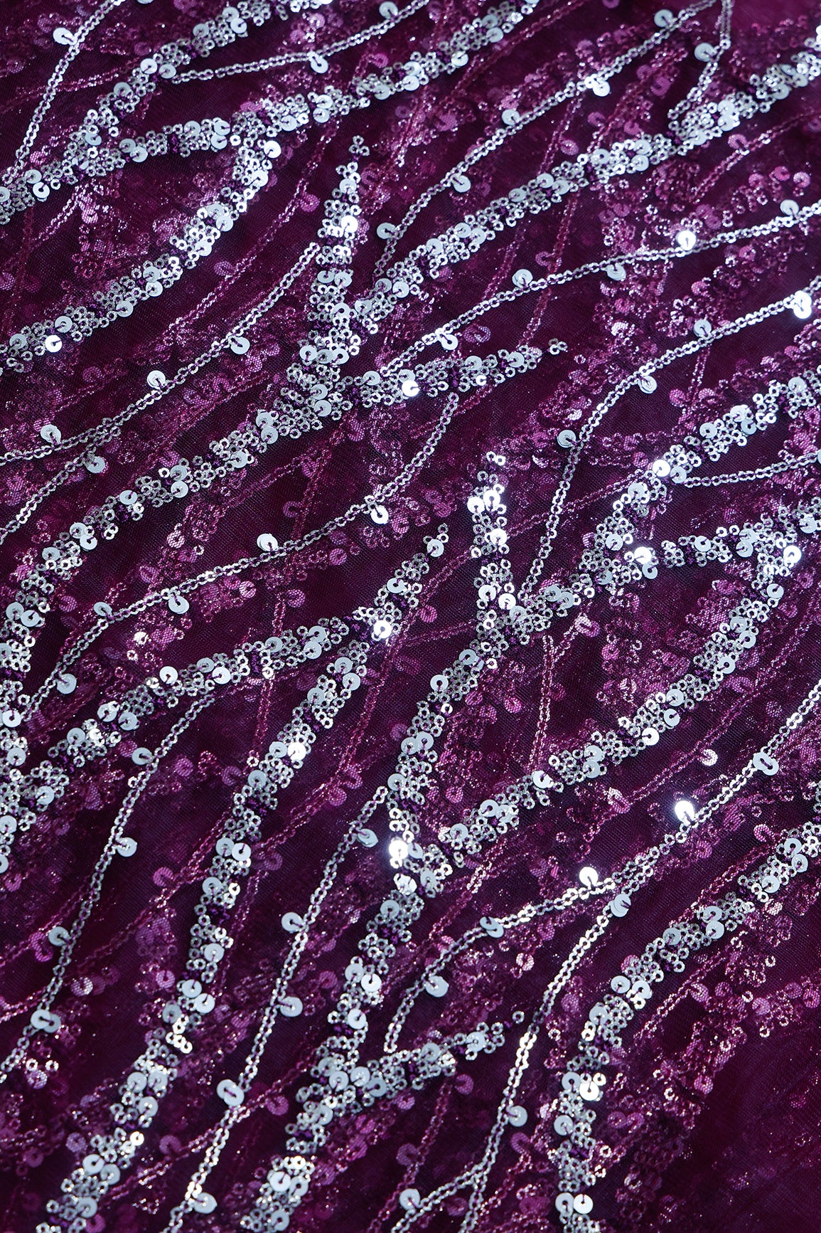 2.75 Meter Cut Piece Of Wavy Gold Sequins Embroidery On Wine Soft Net Fabric