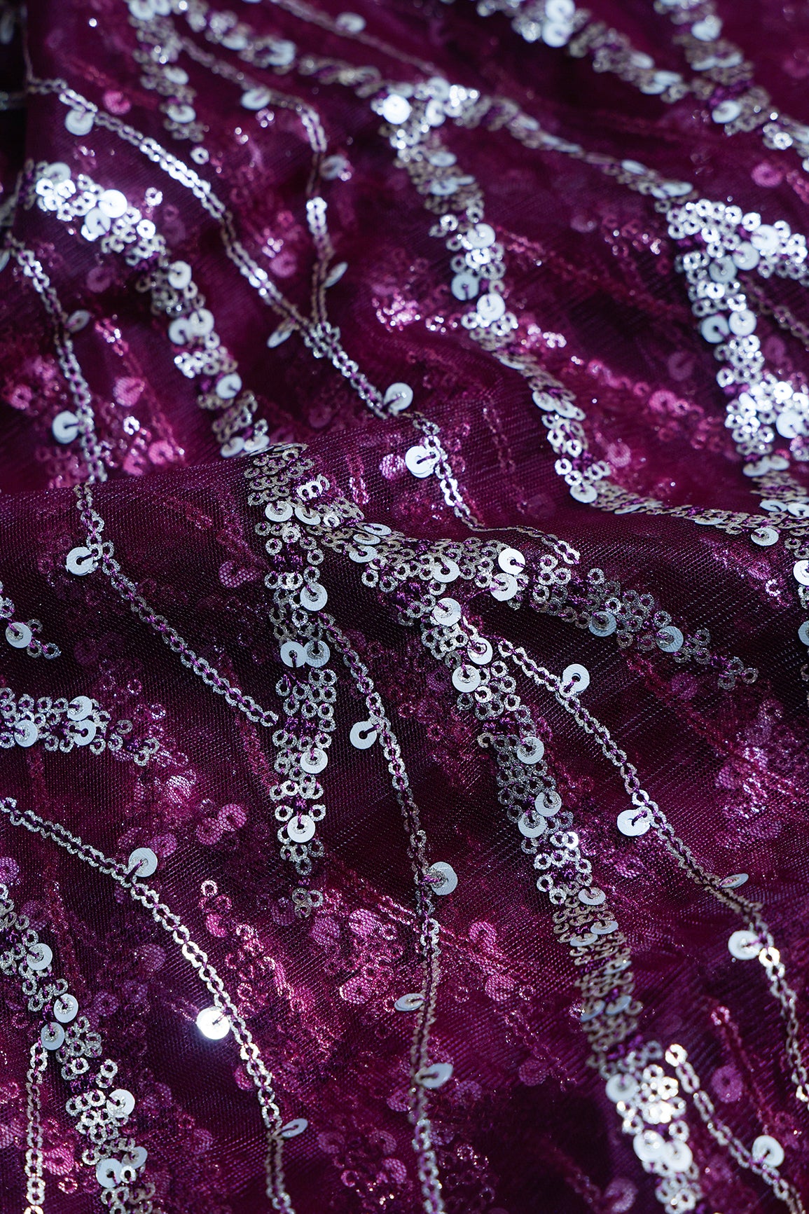 2.75 Meter Cut Piece Of Wavy Gold Sequins Embroidery On Wine Soft Net Fabric