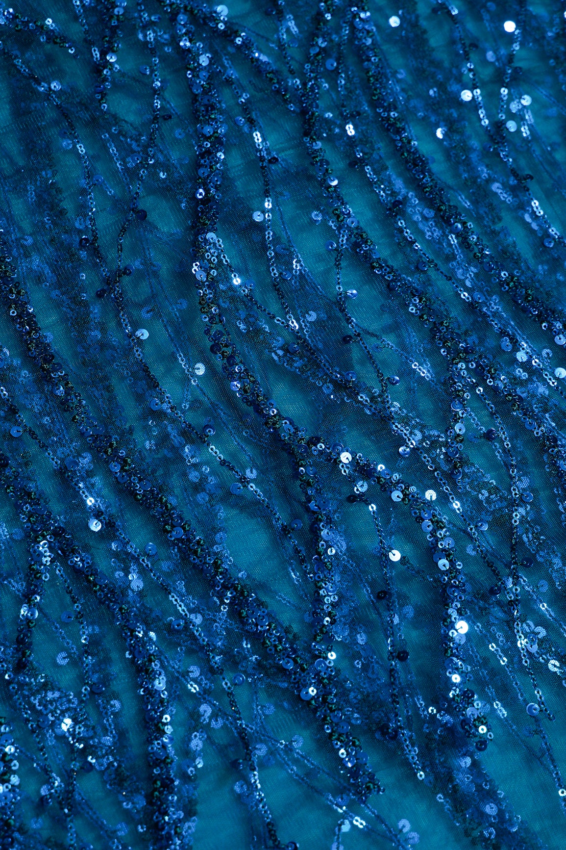 1 Meter Cut Piece Of Beautiful Sequins With Blue Thread Wavy Embroidery Work On Rama Blue Soft Net Fabric