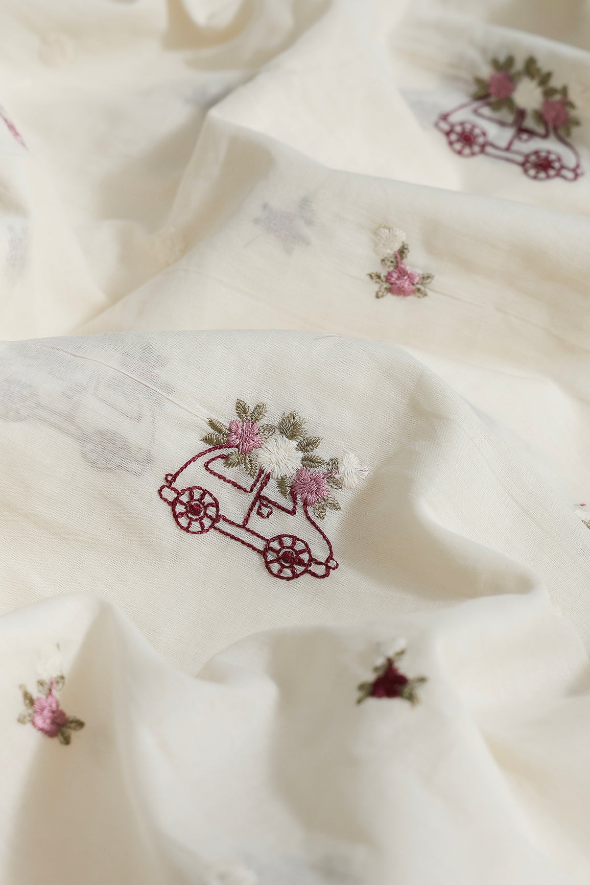 Multi Color Thread Car Motif Embroidery Design Work On Off White Organic Cotton Fabric