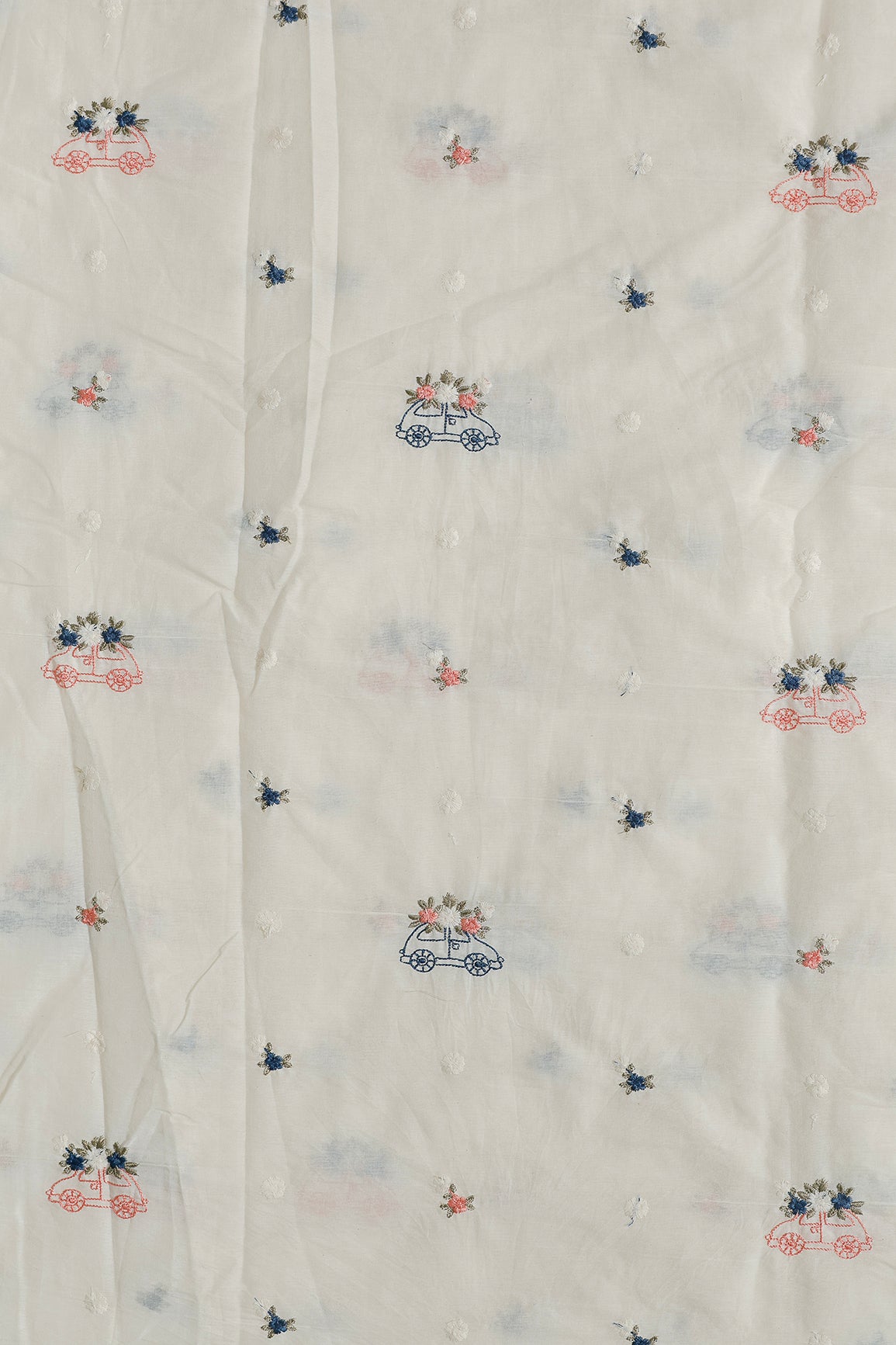 Multi Color Thread Car Motif Embroidery Design Work On Off White Organic Cotton Fabric