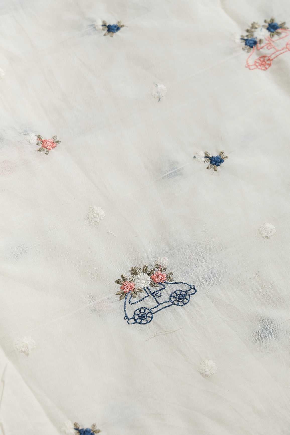 Multi Color Thread Car Motif Embroidery Design Work On Off White Organic Cotton Fabric