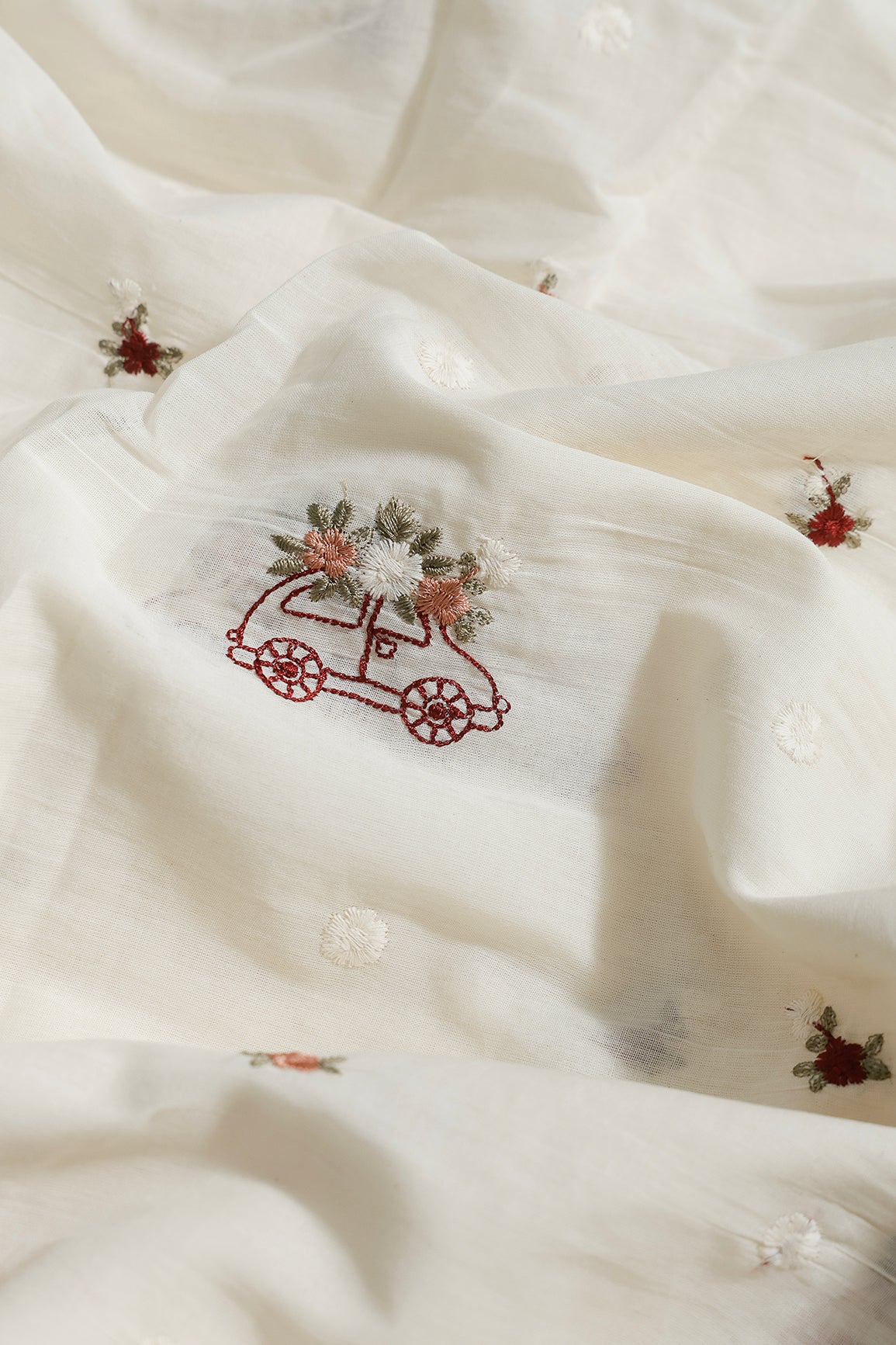 Multi Color Thread Car Motif Embroidery Design Work On Off White Organic Cotton Fabric