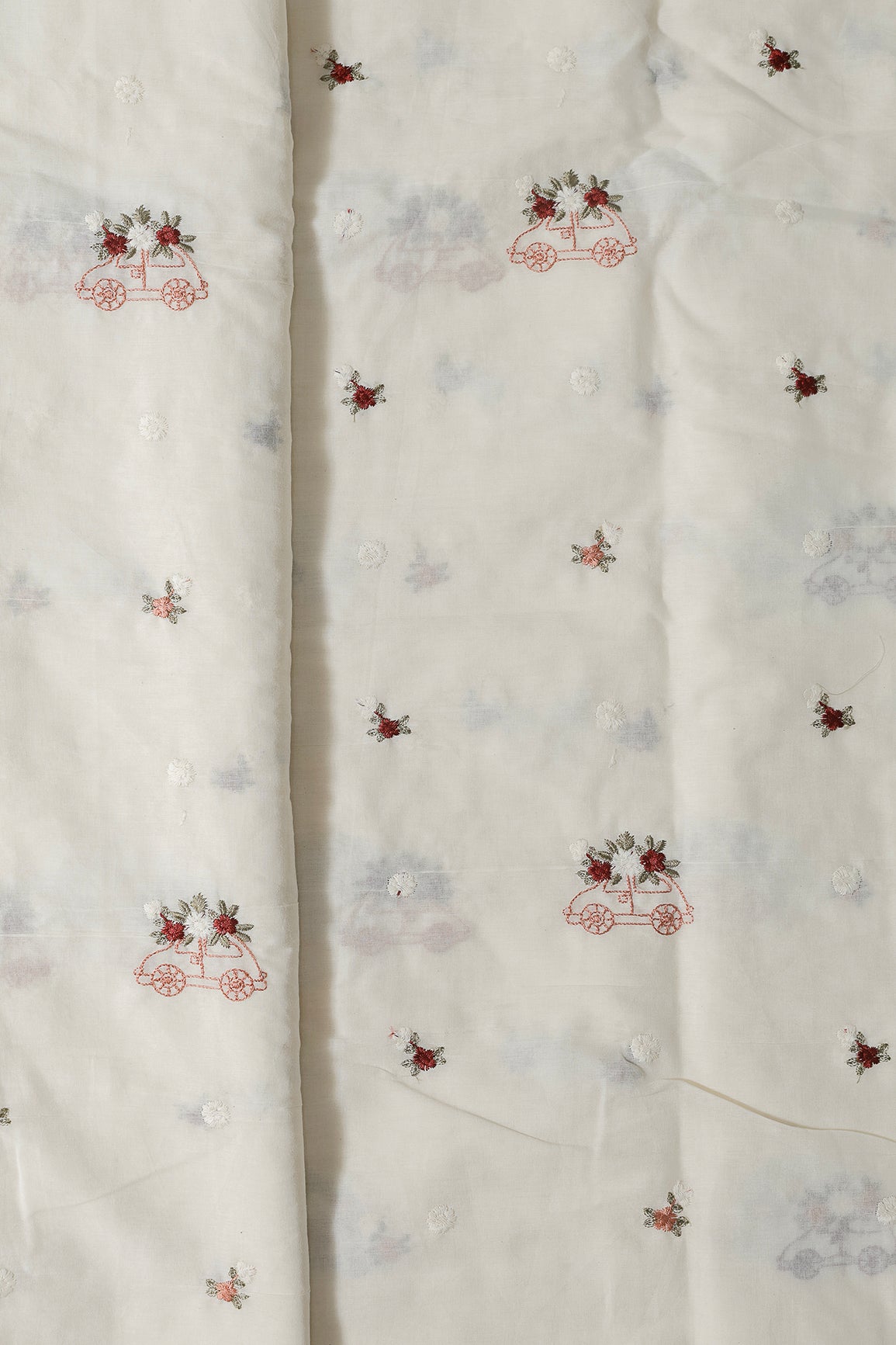 Multi Color Thread Car Motif Embroidery Design Work On Off White Organic Cotton Fabric