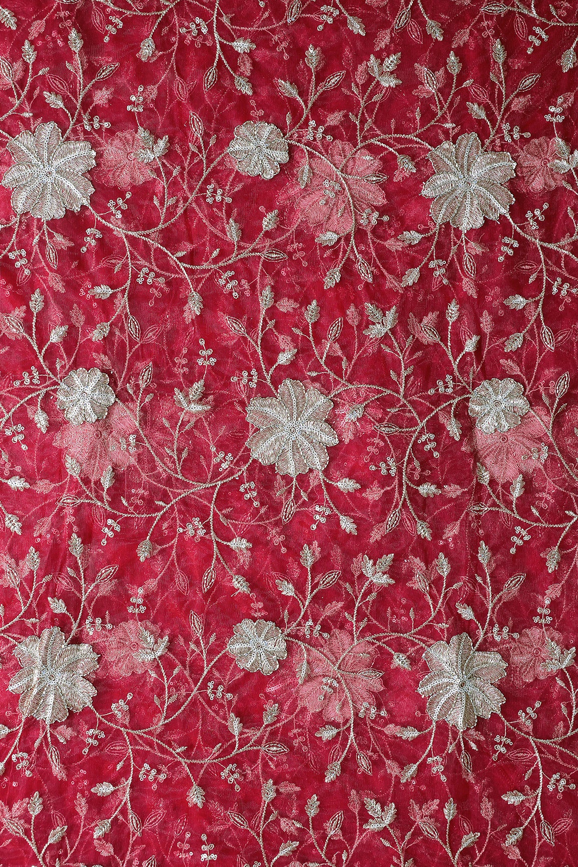 Gold Sequins & Beads With Zari Floral Leafy Embroidery Work On Cherry Red Soft Net Fabric