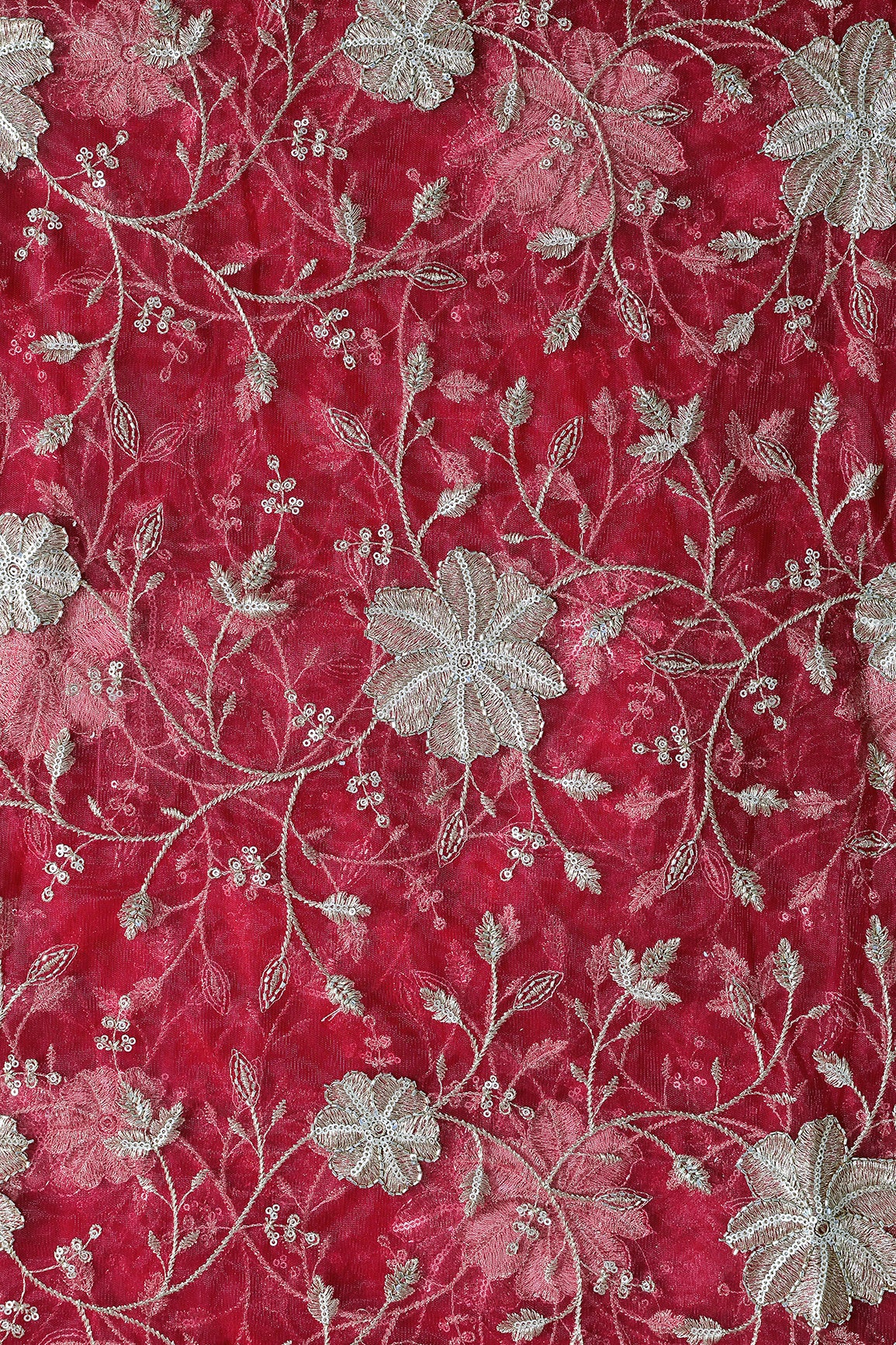 Gold Sequins & Beads With Zari Floral Leafy Embroidery Work On Cherry Red Soft Net Fabric
