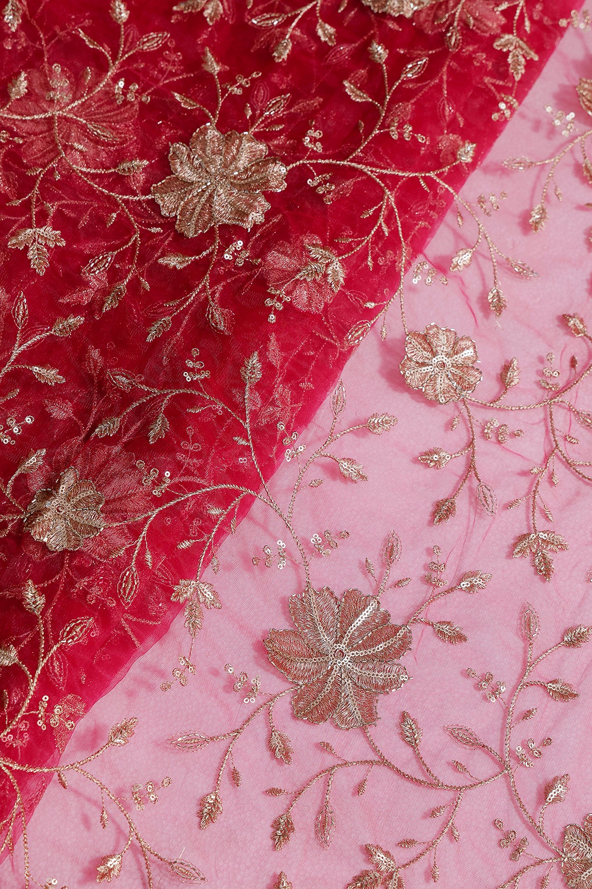 Gold Sequins & Beads With Zari Floral Leafy Embroidery Work On Cherry Red Soft Net Fabric
