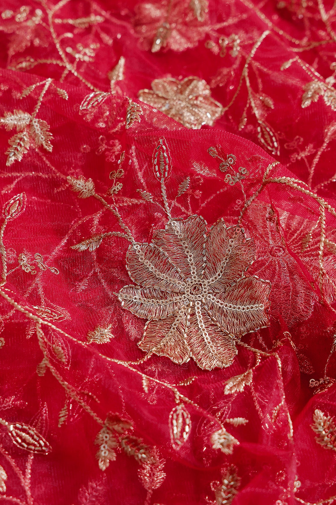 Gold Sequins & Beads With Zari Floral Leafy Embroidery Work On Cherry Red Soft Net Fabric