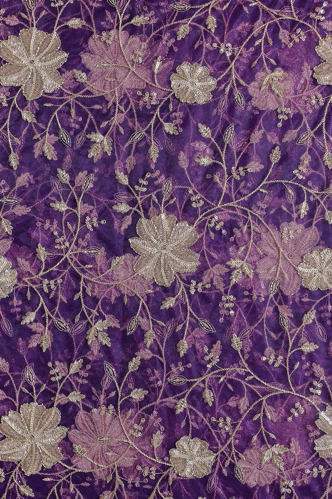 Gold Sequins & Beads With Zari Floral Leafy Embroidery Work On Purple Soft Net Fabric