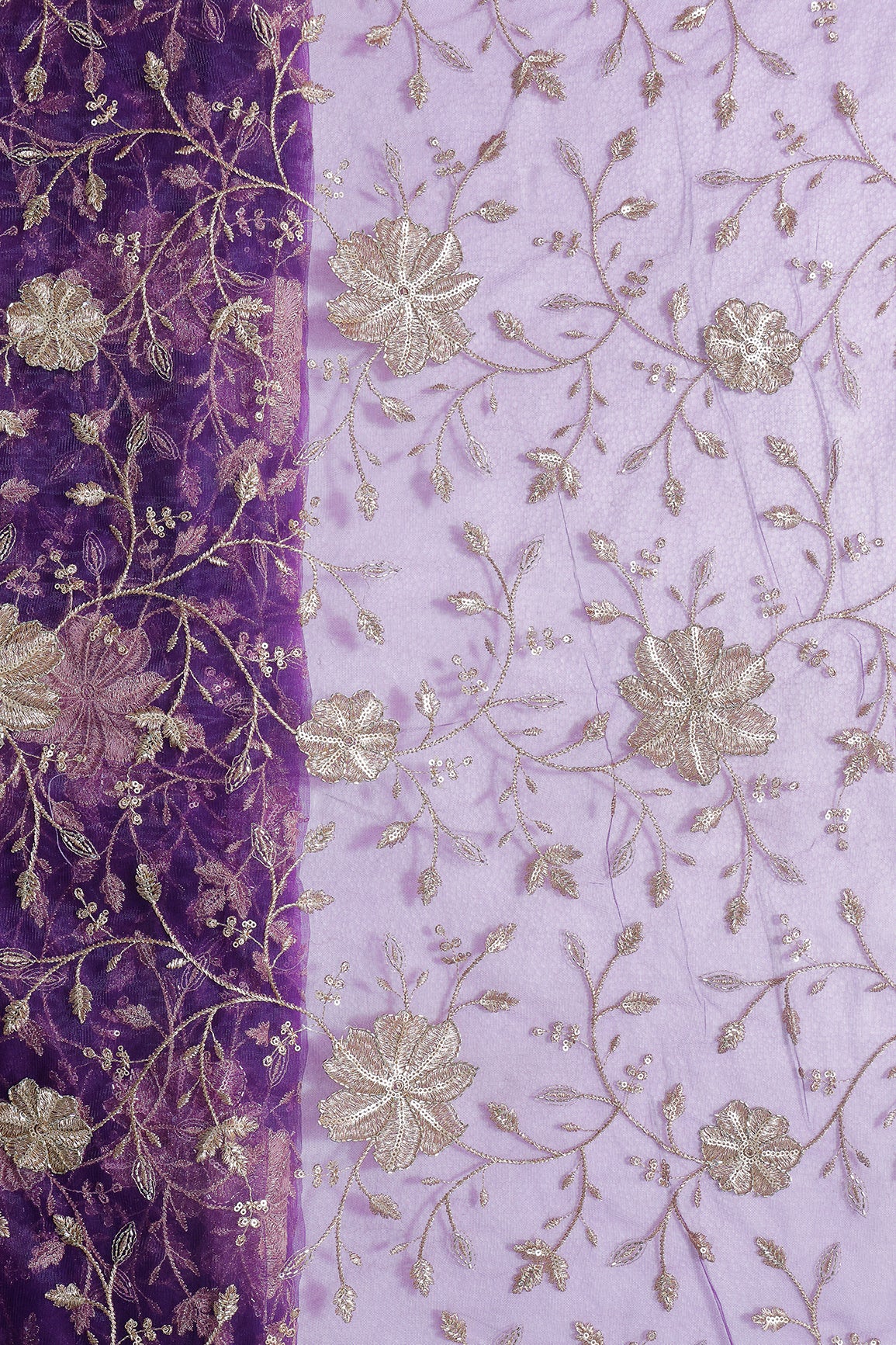 Gold Sequins & Beads With Zari Floral Leafy Embroidery Work On Purple Soft Net Fabric
