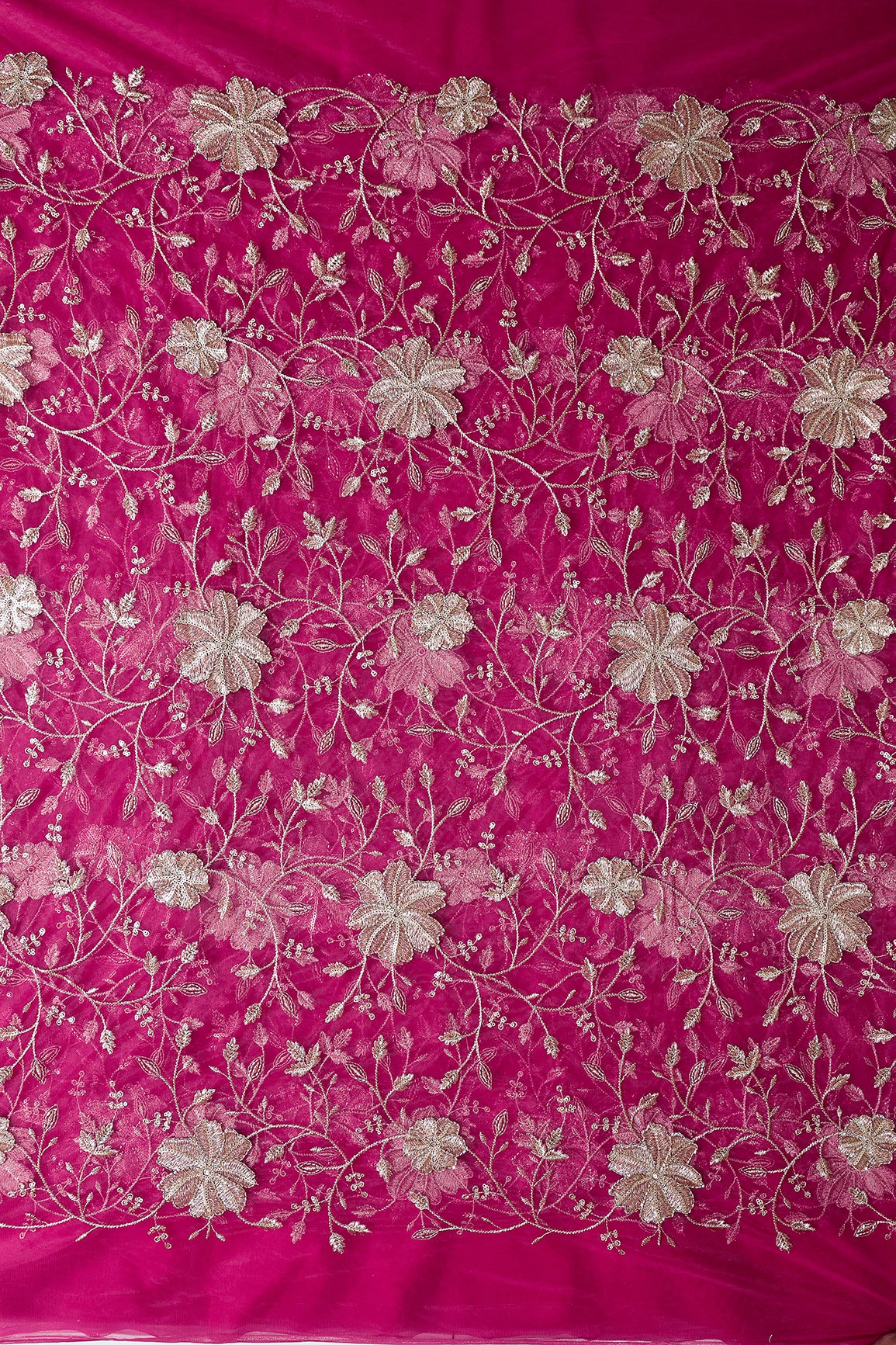 Gold Sequins & Beads With Zari Floral Leafy Embroidery Work On Rani Soft Net Fabric
