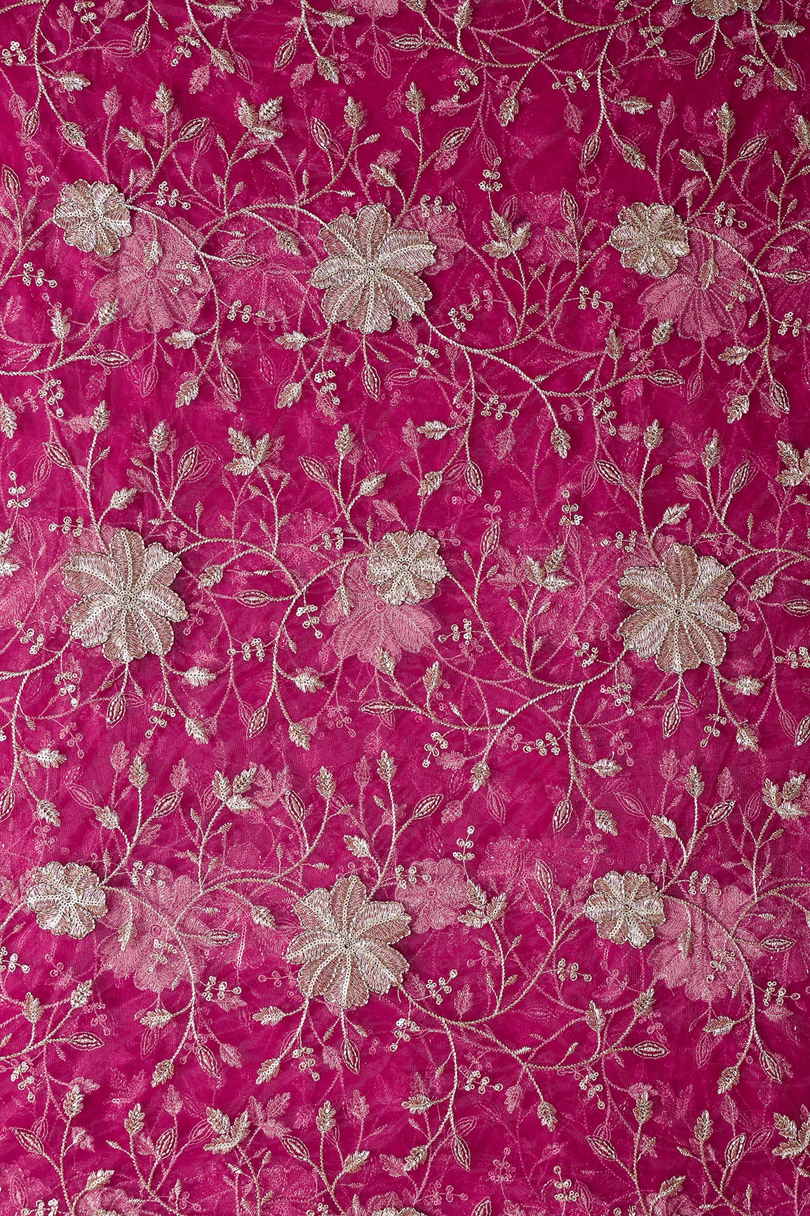 Gold Sequins & Beads With Zari Floral Leafy Embroidery Work On Rani Soft Net Fabric