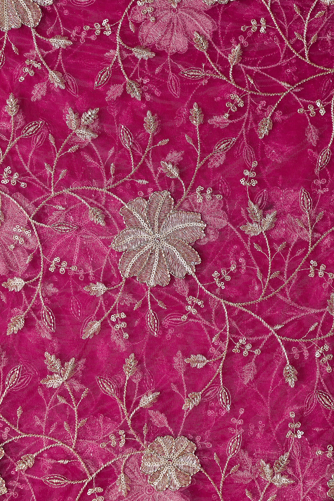 Gold Sequins & Beads With Zari Floral Leafy Embroidery Work On Rani Soft Net Fabric
