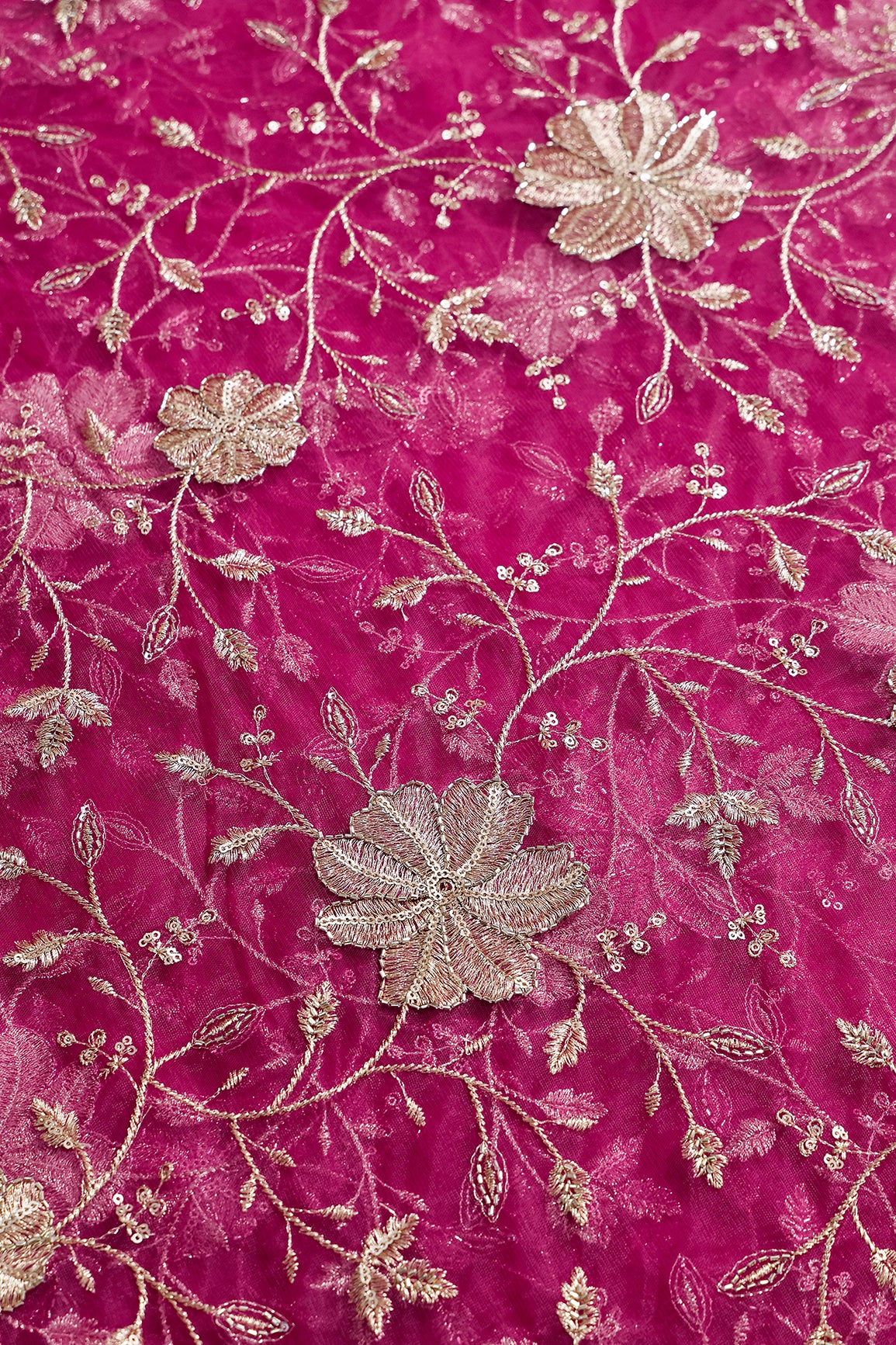 Gold Sequins & Beads With Zari Floral Leafy Embroidery Work On Rani Soft Net Fabric