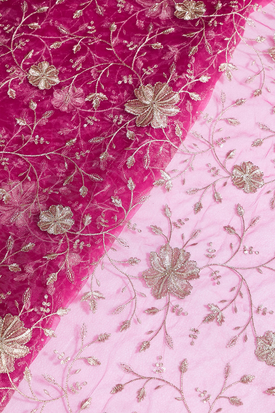 Gold Sequins & Beads With Zari Floral Leafy Embroidery Work On Rani Soft Net Fabric