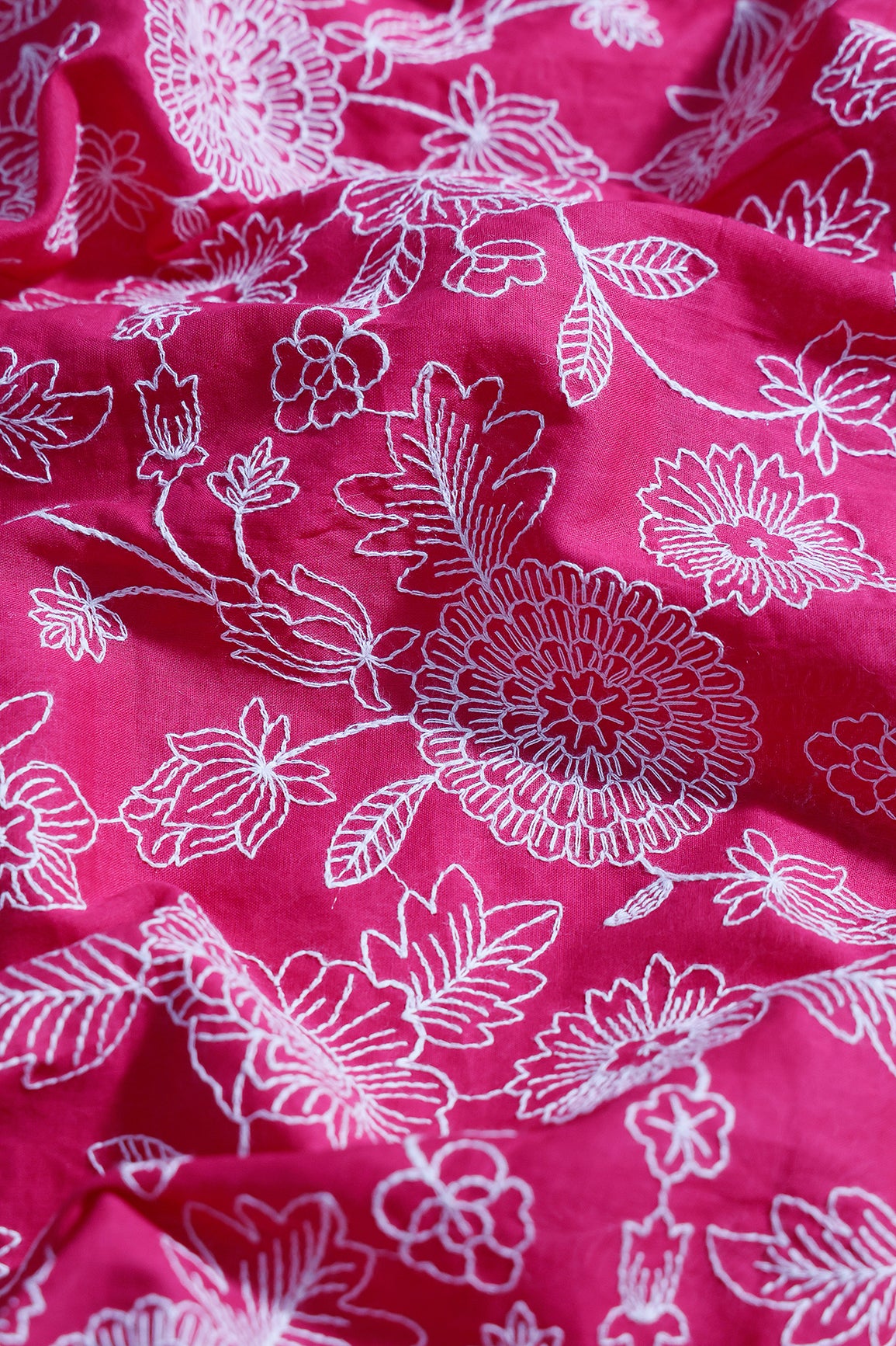 Beautiful White Thread Floral Embroidery Work On Rani Pure Mul Cotton Fabric