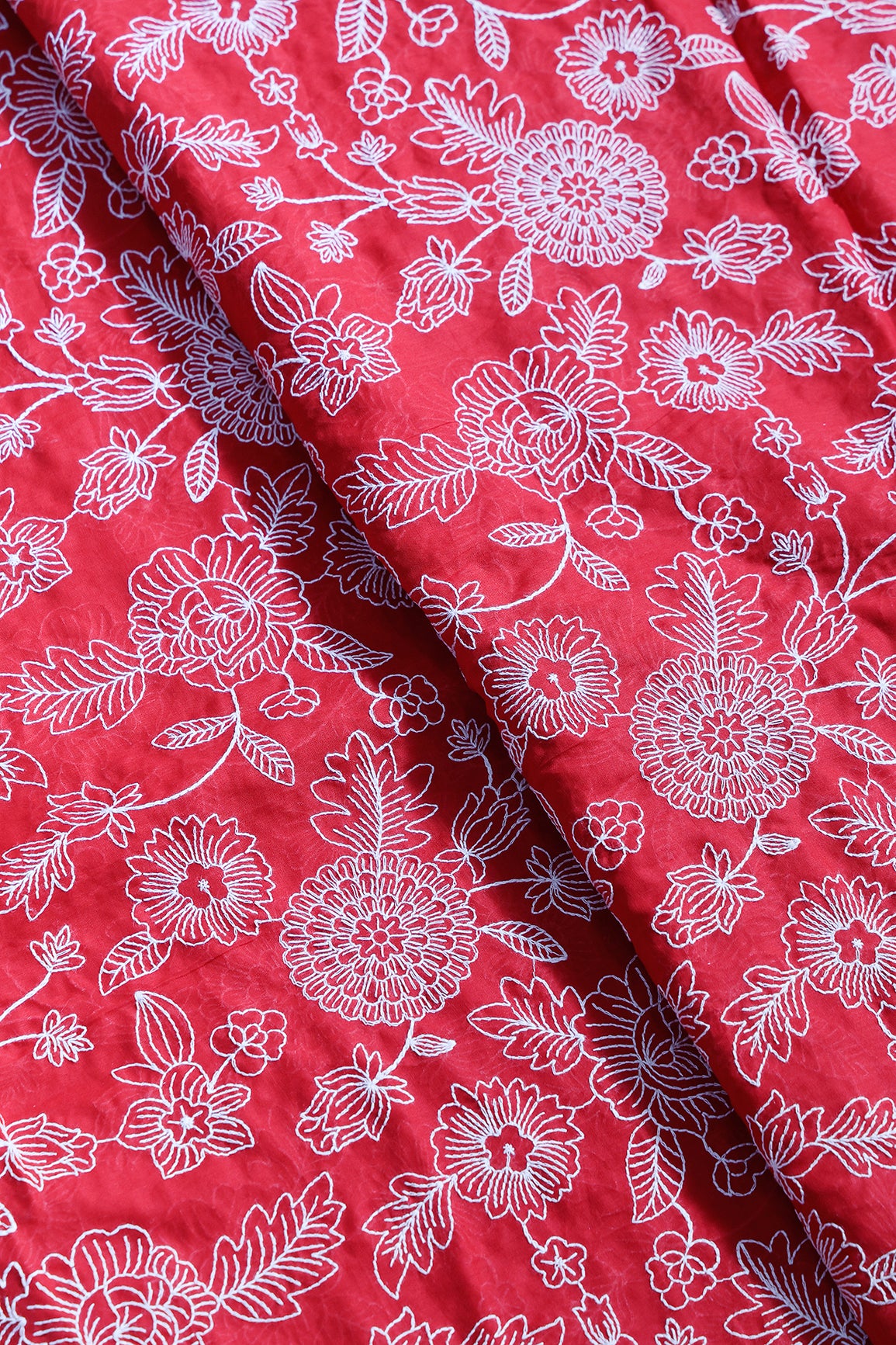 Beautiful White Thread Floral Embroidery Work On Red Pure Mul Cotton Fabric