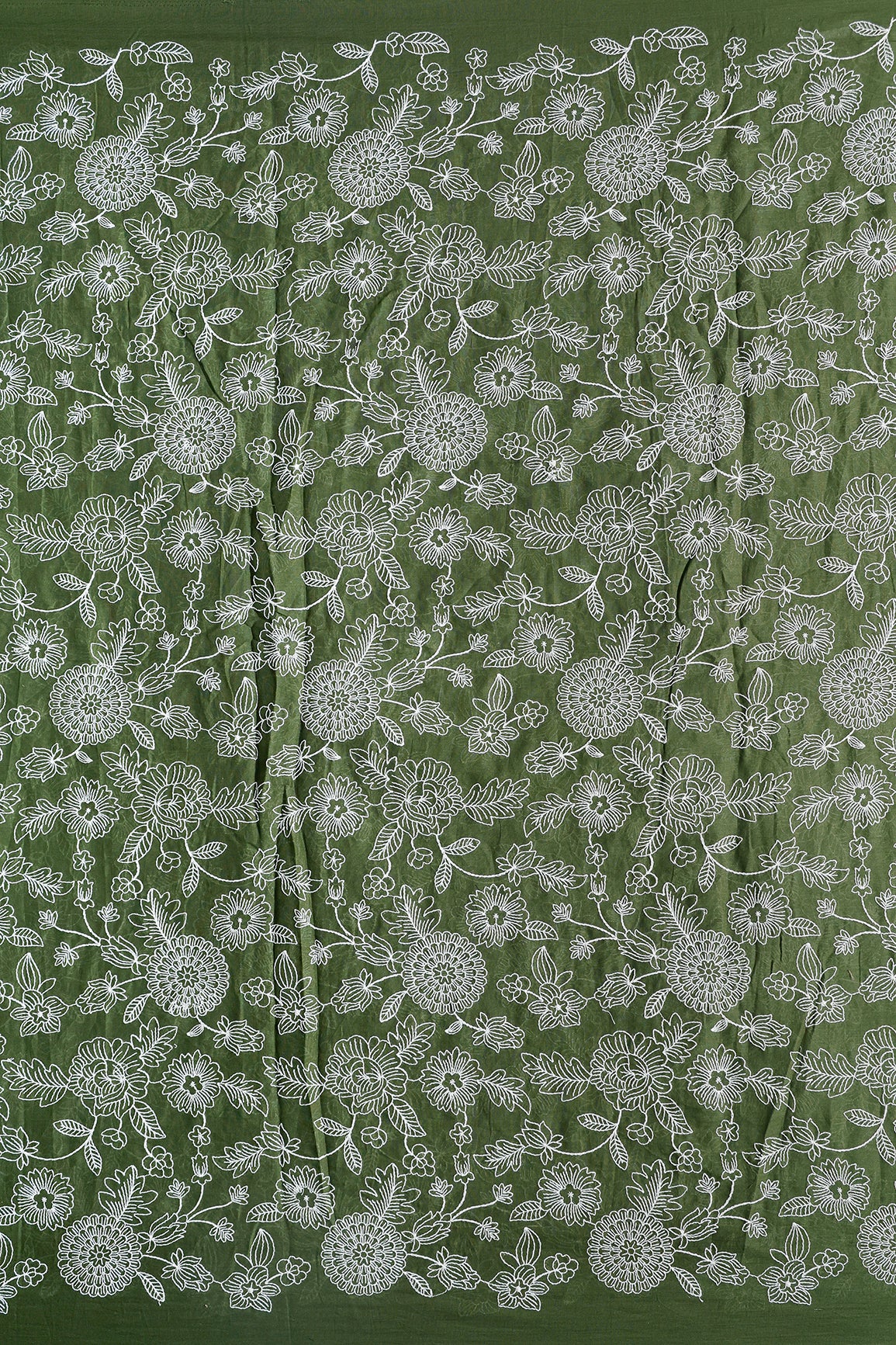 Beautiful White Thread Floral Embroidery Work On Mehndi Green Pure Mul Cotton Fabric