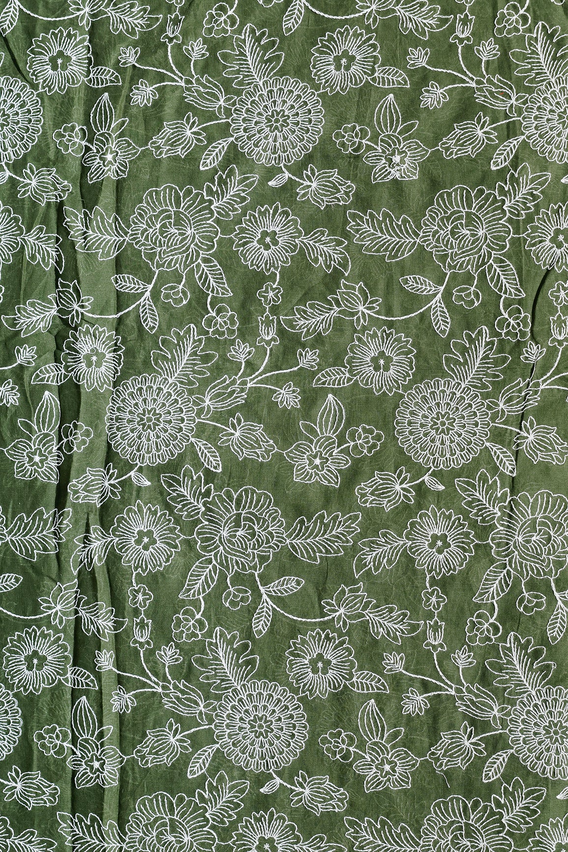 Beautiful White Thread Floral Embroidery Work On Mehndi Green Pure Mul Cotton Fabric
