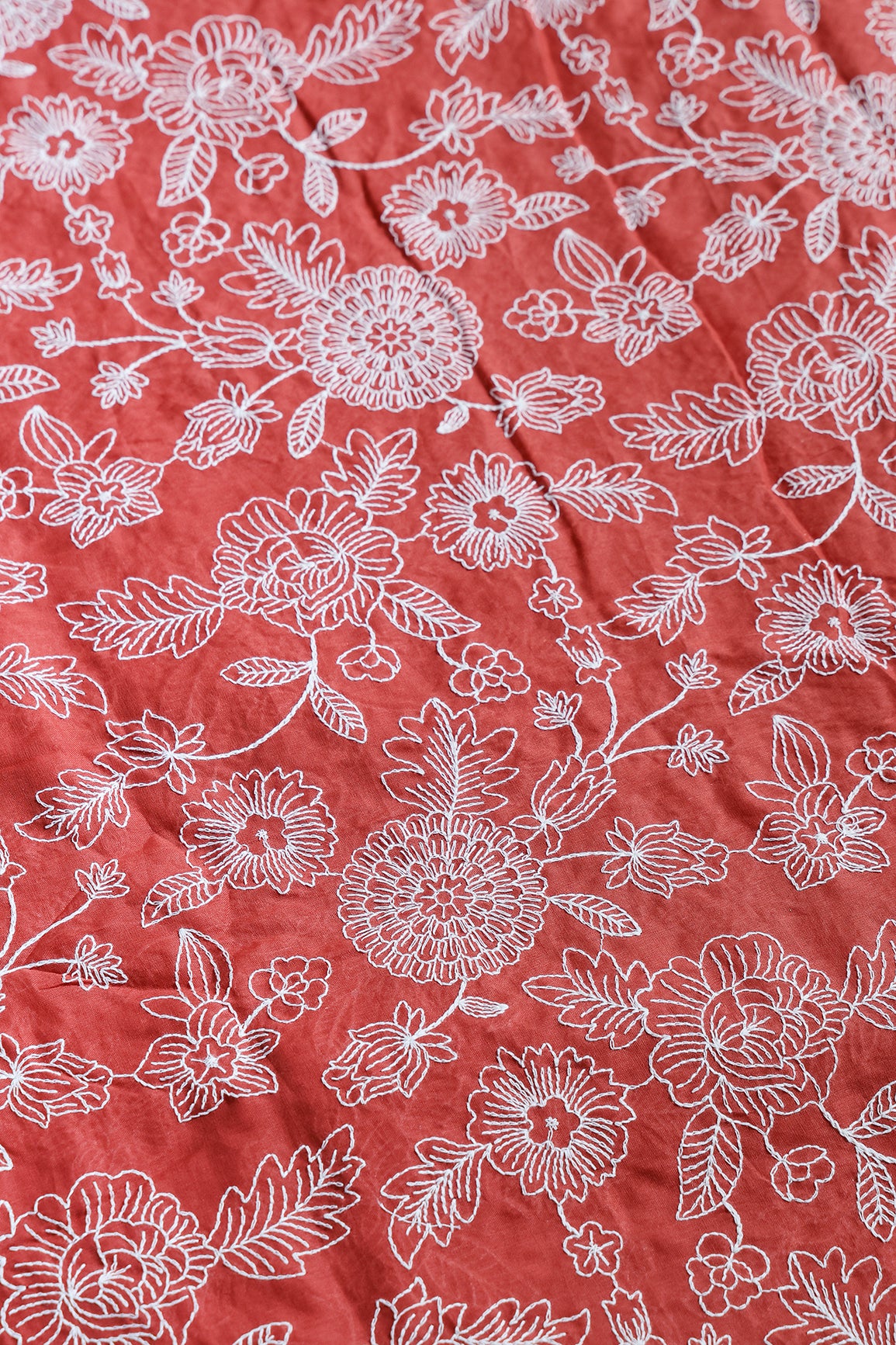 Beautiful White Thread Floral Embroidery Work On Rust Orange Pure Mul Cotton Fabric