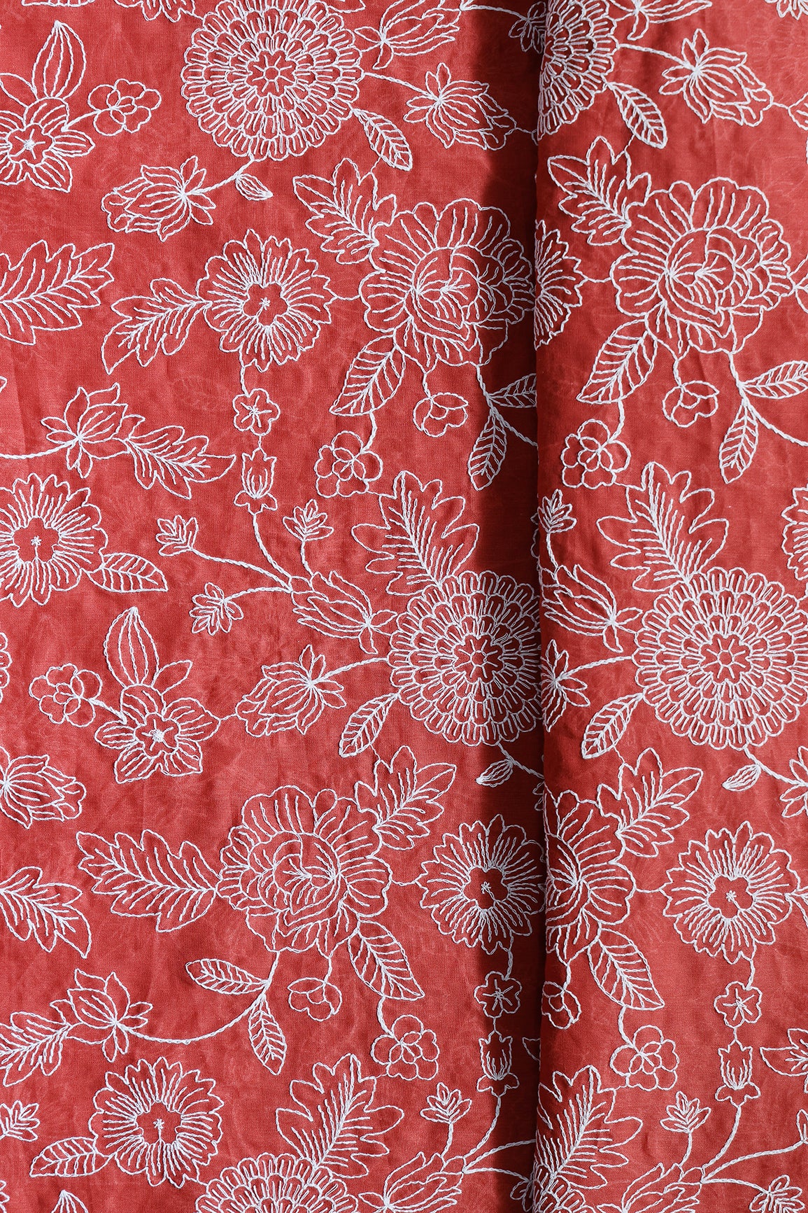 Beautiful White Thread Floral Embroidery Work On Rust Orange Pure Mul Cotton Fabric