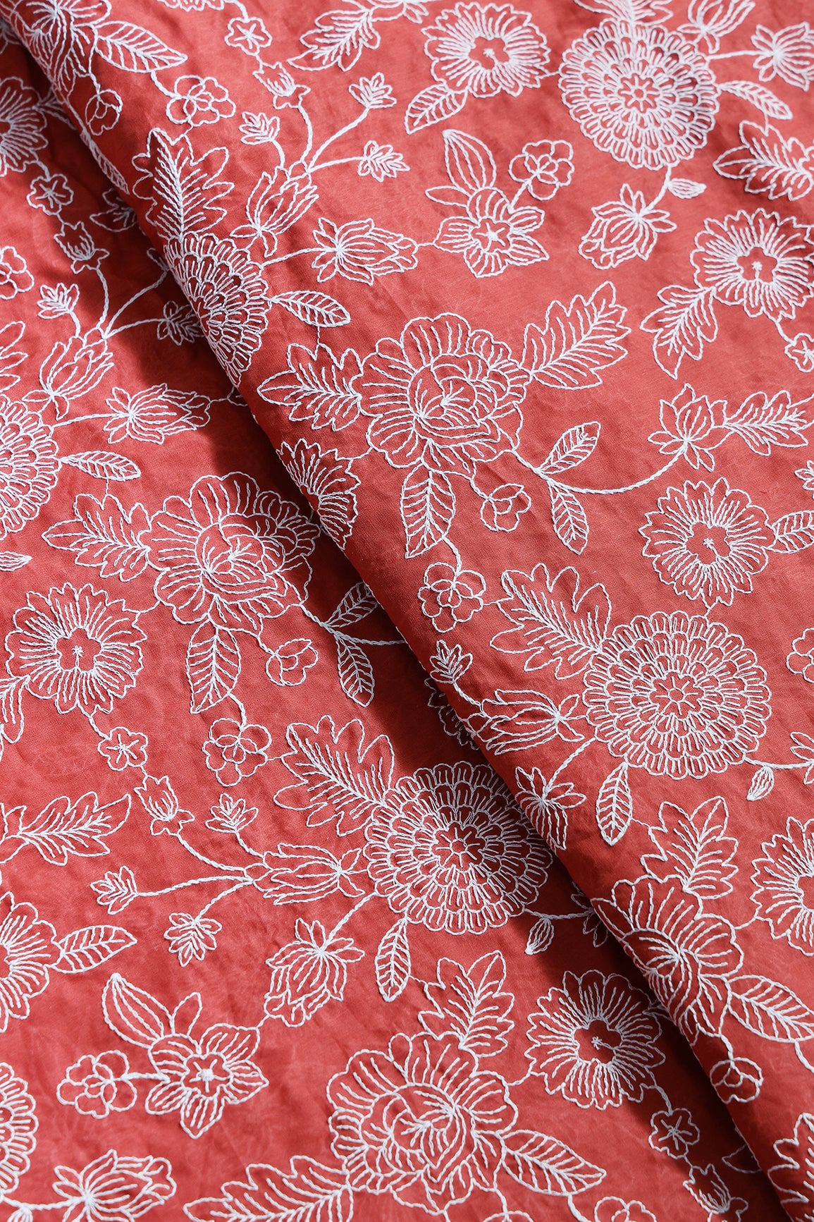 Beautiful White Thread Floral Embroidery Work On Rust Orange Pure Mul Cotton Fabric