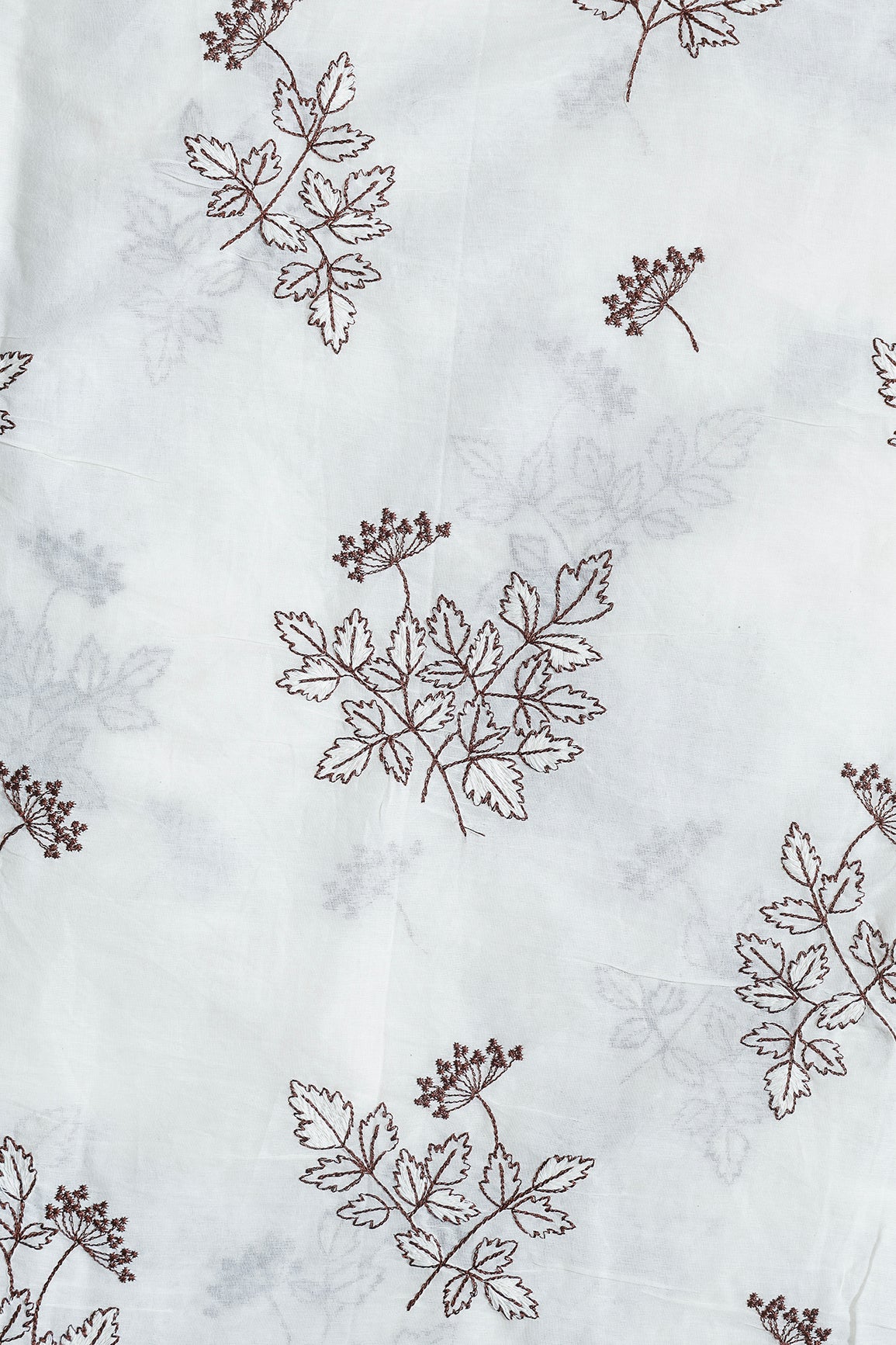 Coffee Thread Beautiful Leafy Embroidery Work On Off White Organic Cotton Fabric