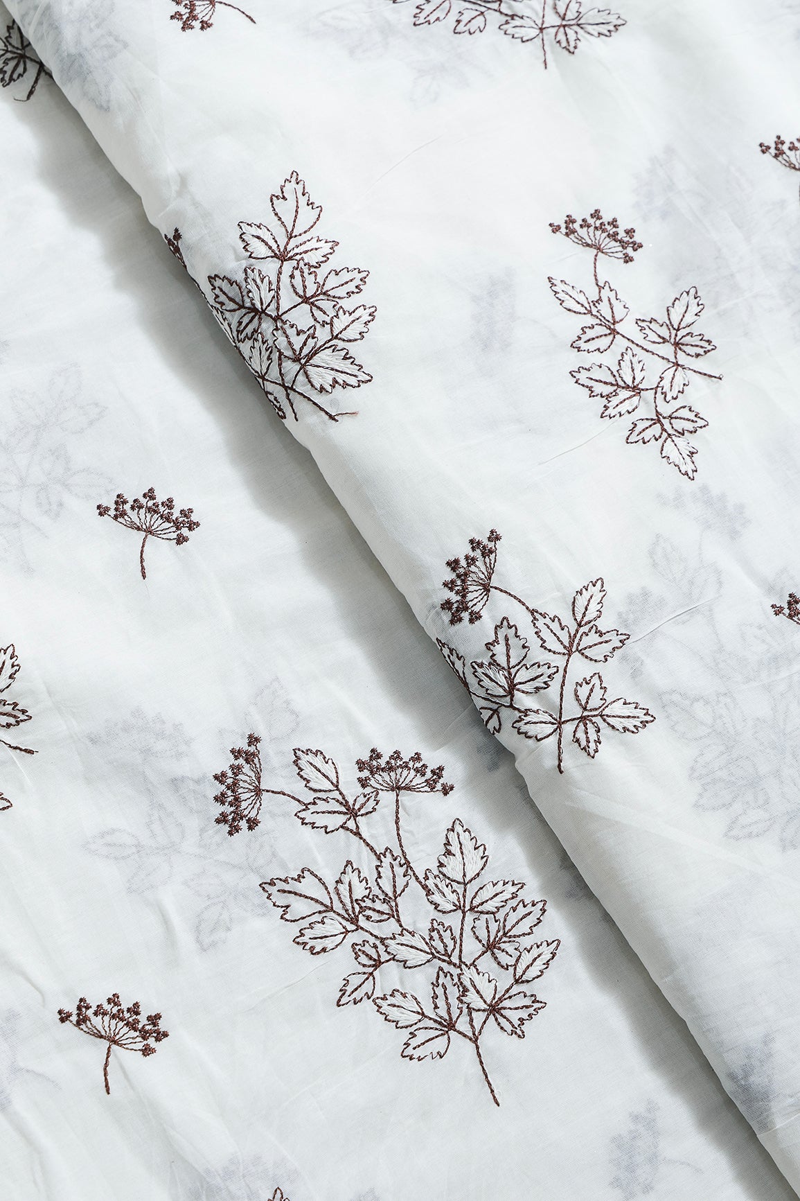 Coffee Thread Beautiful Leafy Embroidery Work On Off White Organic Cotton Fabric