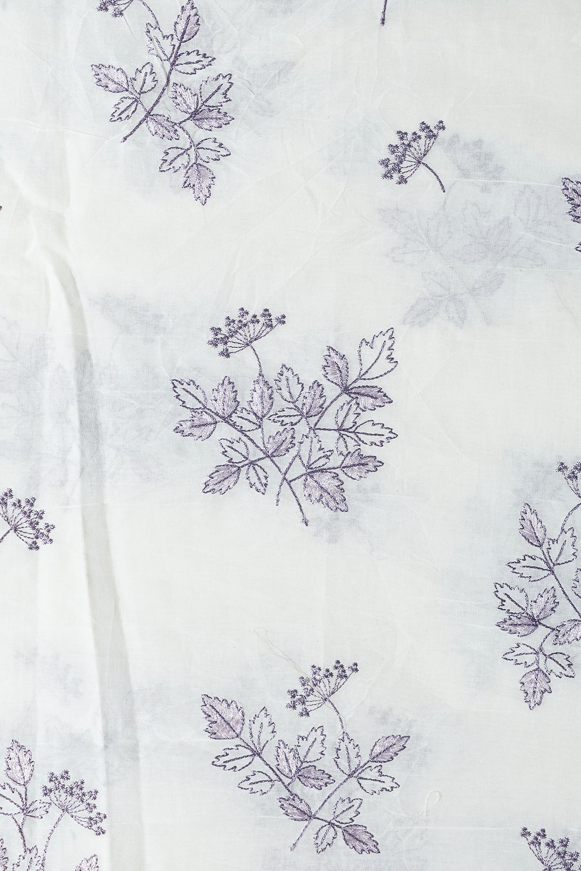 Purple Thread Beautiful Leafy Embroidery Work On Off White Organic Cotton Fabric
