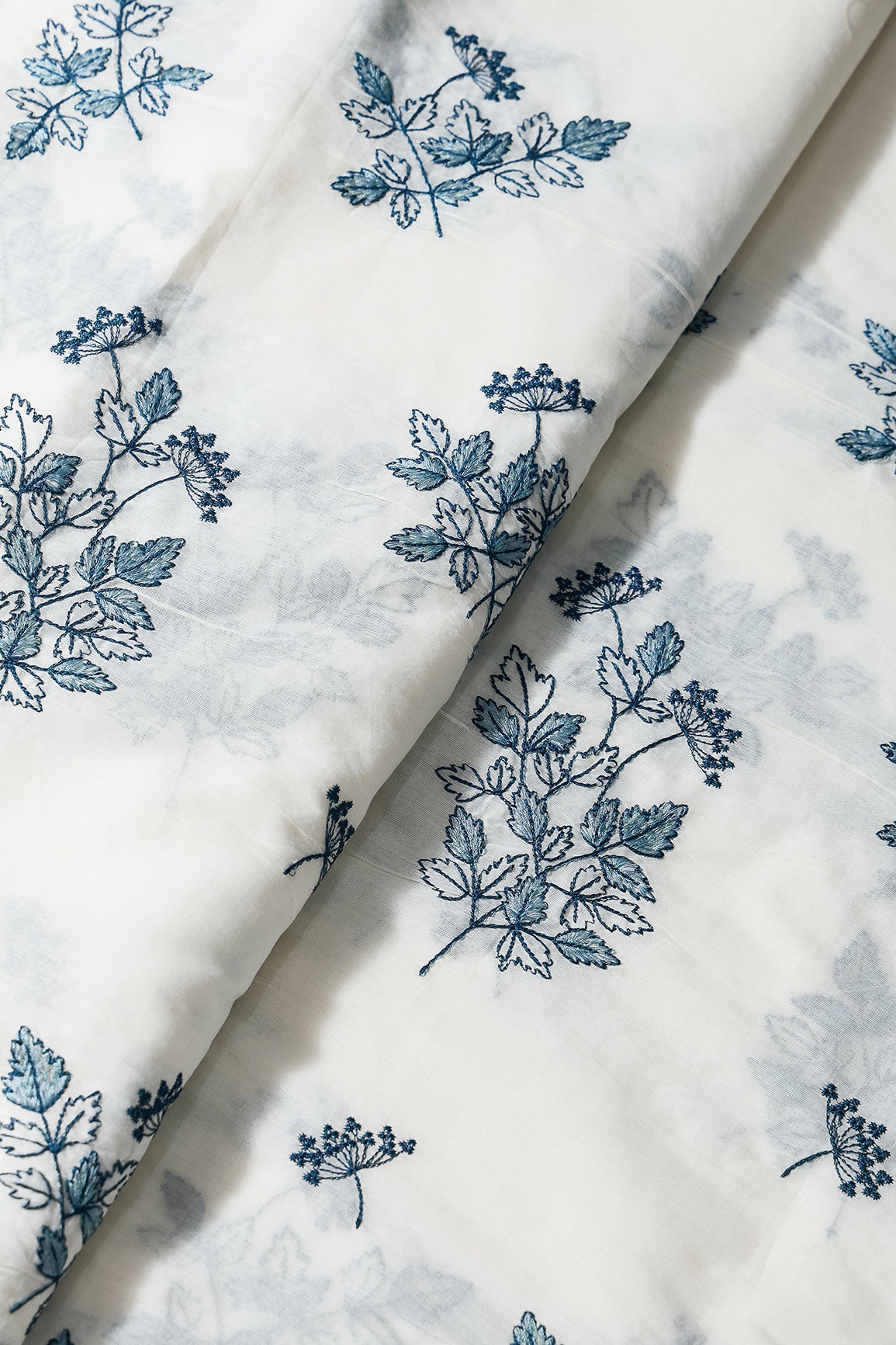 Rama Thread Beautiful Leafy Embroidery Work On Off White Organic Cotton Fabric