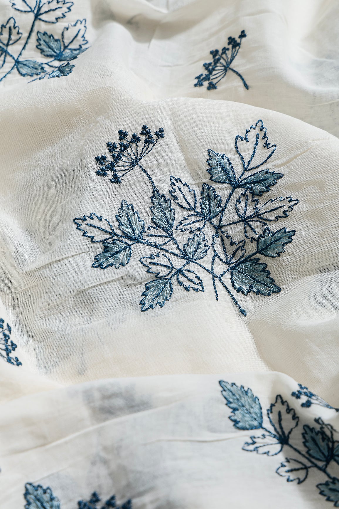 Rama Thread Beautiful Leafy Embroidery Work On Off White Organic Cotton Fabric
