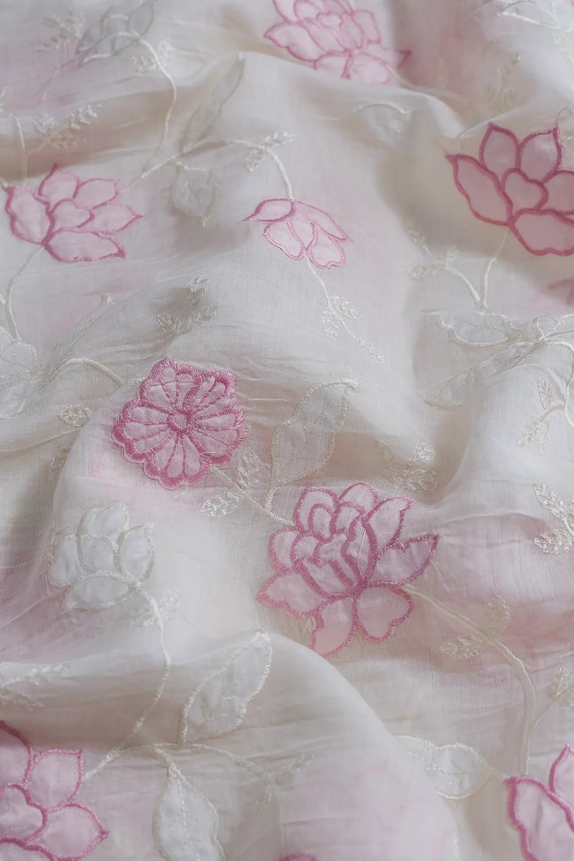 Pink Thread Elegant Floral Embroidery Work On Off White Pure Mul Chanderi Silk Fabric