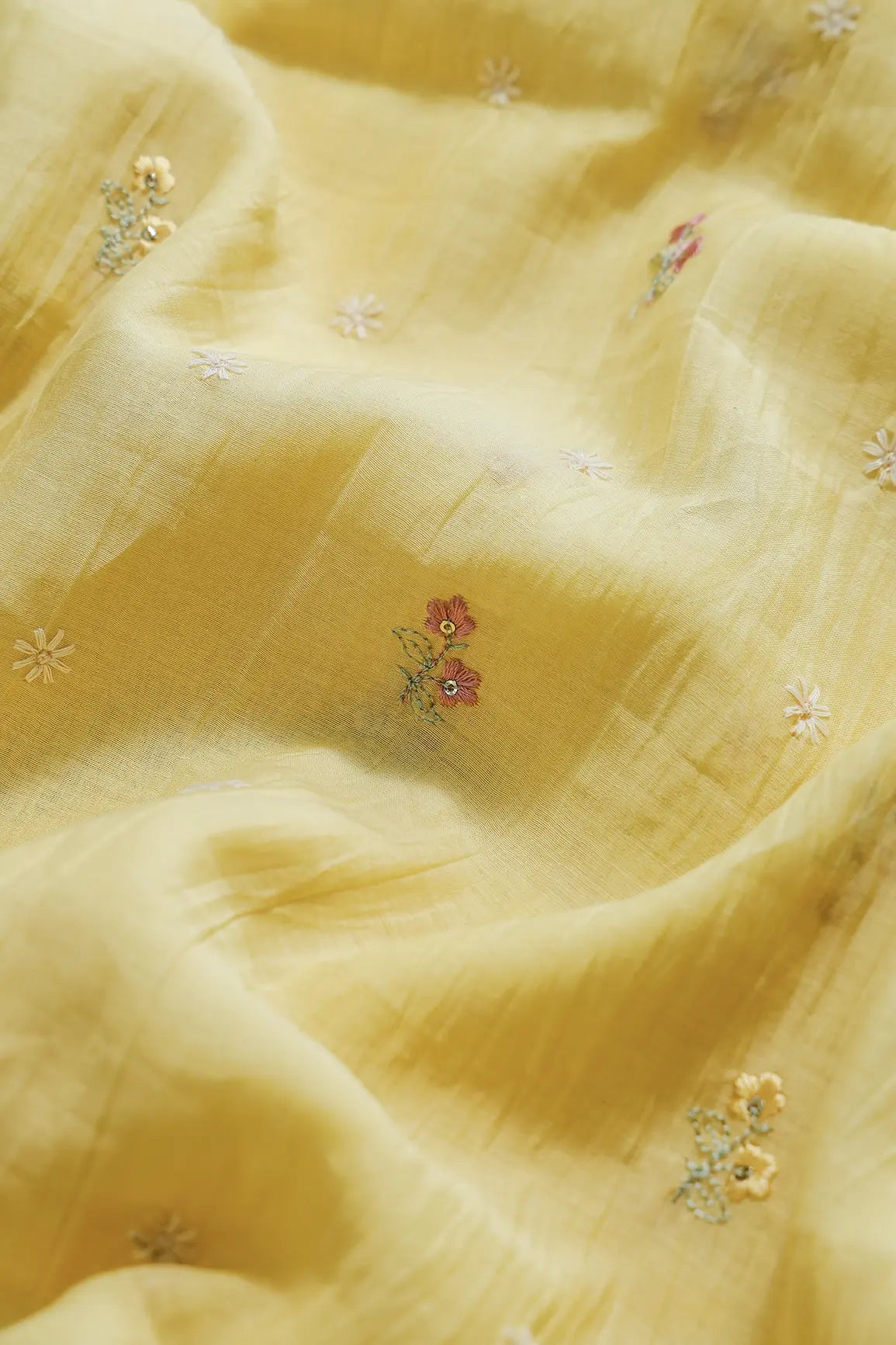 Gorgeous Multi Thread With Sequins Floral Embroidery Work On Pastel Yellow Pure Mul Chanderi Silk Fabric