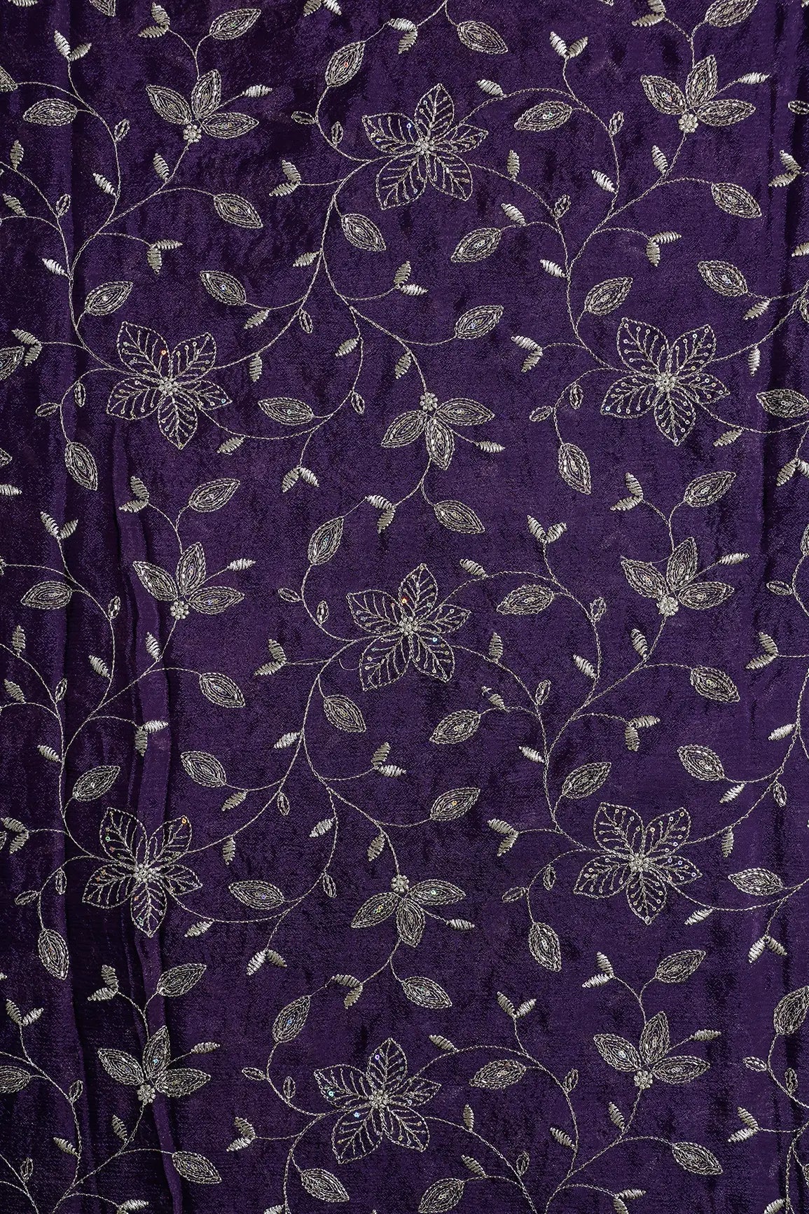 Multi Sequins & Beads With Zari Floral Leafy Embroidery Work On Dark Purple Chinnon Chiffon Fabric